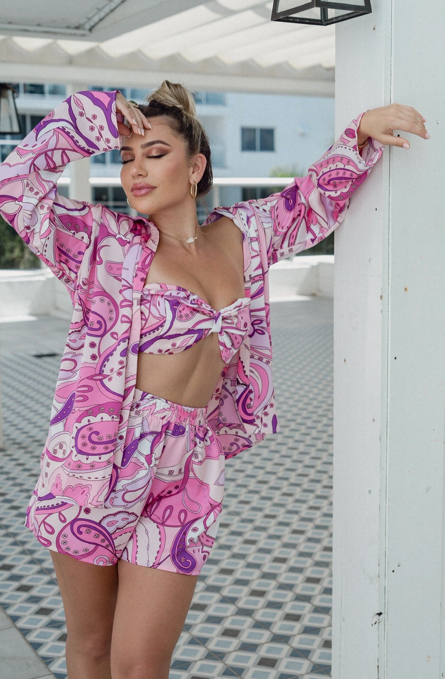 'Gemma' 3 Piece Satin Bandeau and Short Set in Purple Paisley / Multi Print. Scarlette The Label, an online fashion boutique for women.
