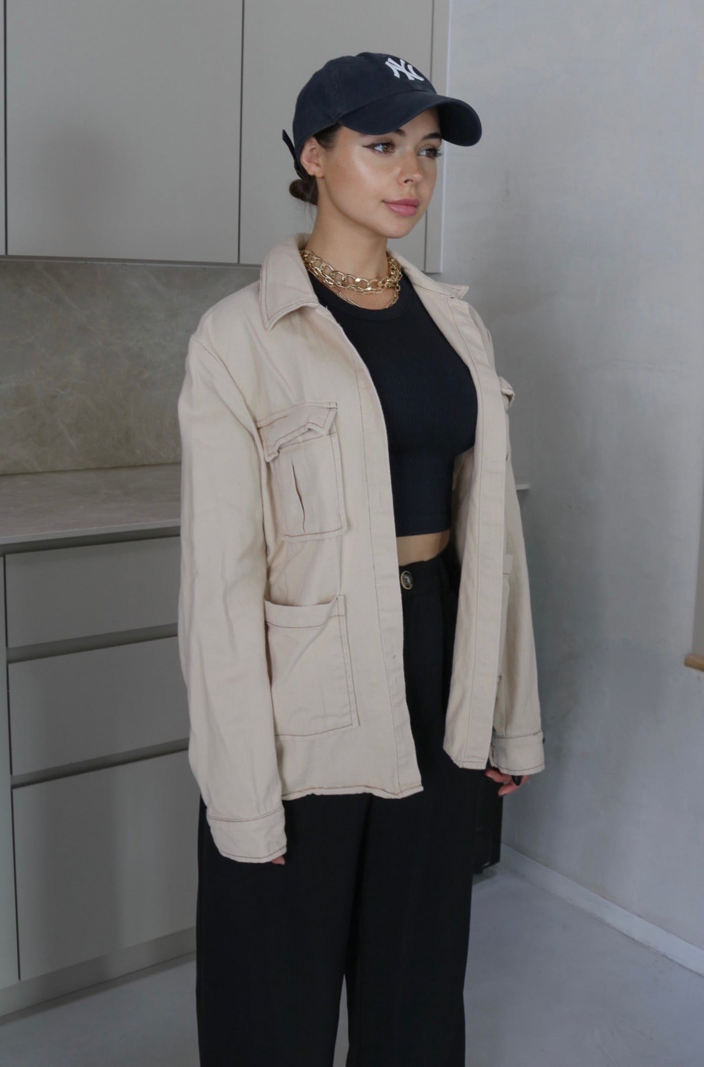 Collared Utility Shacket in Beige, Scarlette The Label, an online fashion boutique for women.