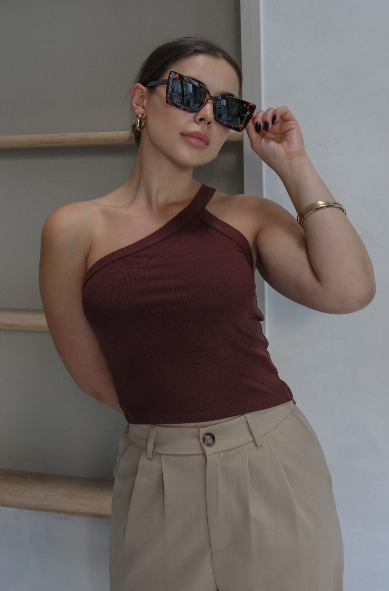 One Shoulder Tank Top in Chocolate Brown. Scarlette The Label, an online fashion boutique for women.