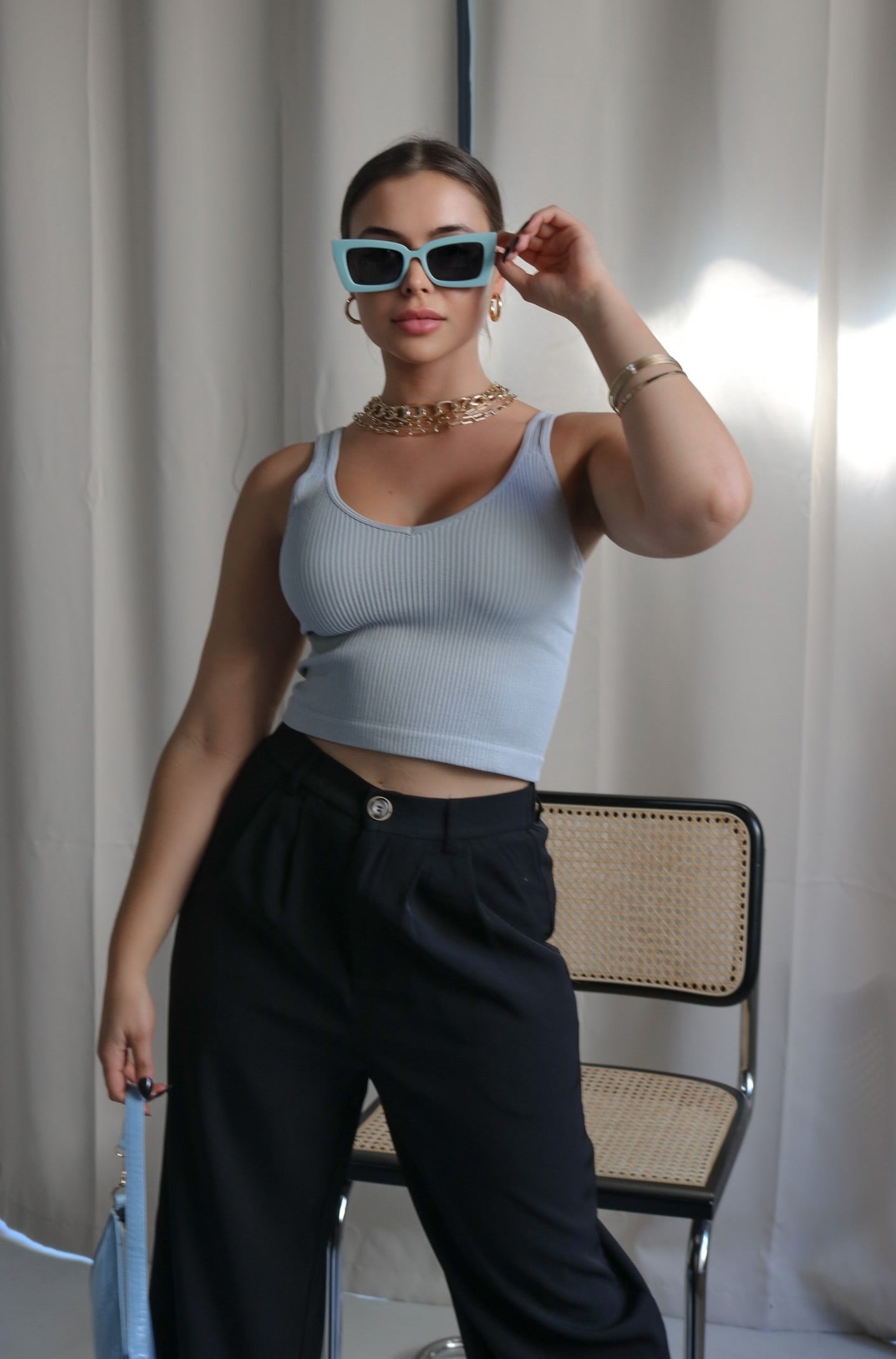 V Neck Ribbed Tank Top in Dusty Blue. Scarlette The Label, an online fashion boutique for women.