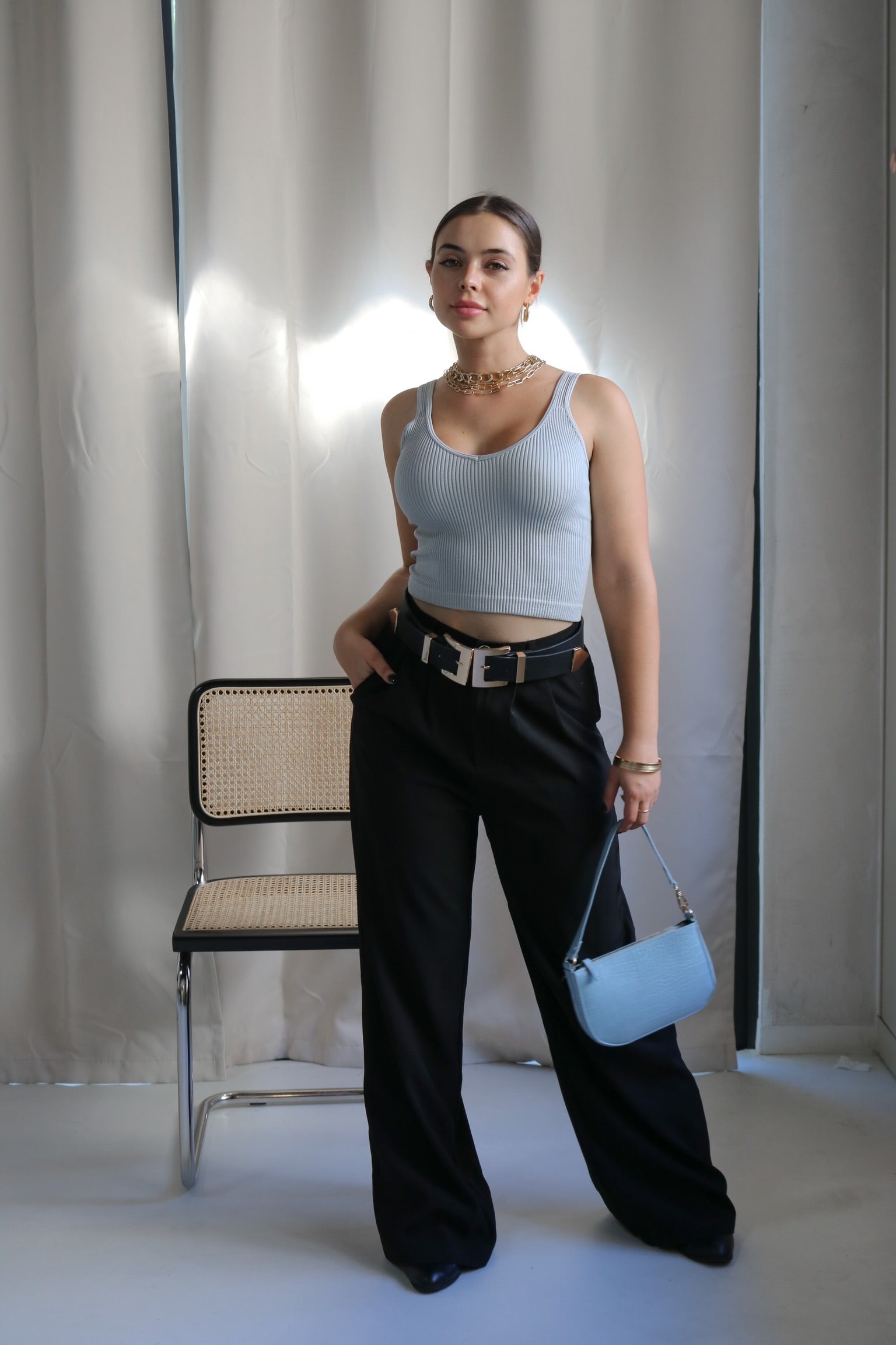 V Neck Ribbed Tank Top in Dusty Blue. Scarlette The Label, an online fashion boutique for women.