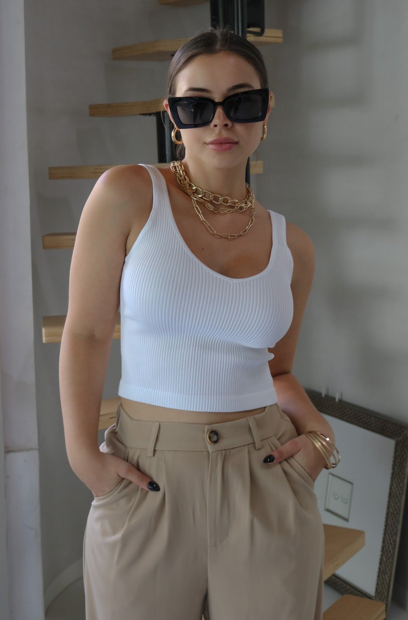 V Neck Ribbed Tank Top in White. Scarlette The Label, an online fashion boutique for women.