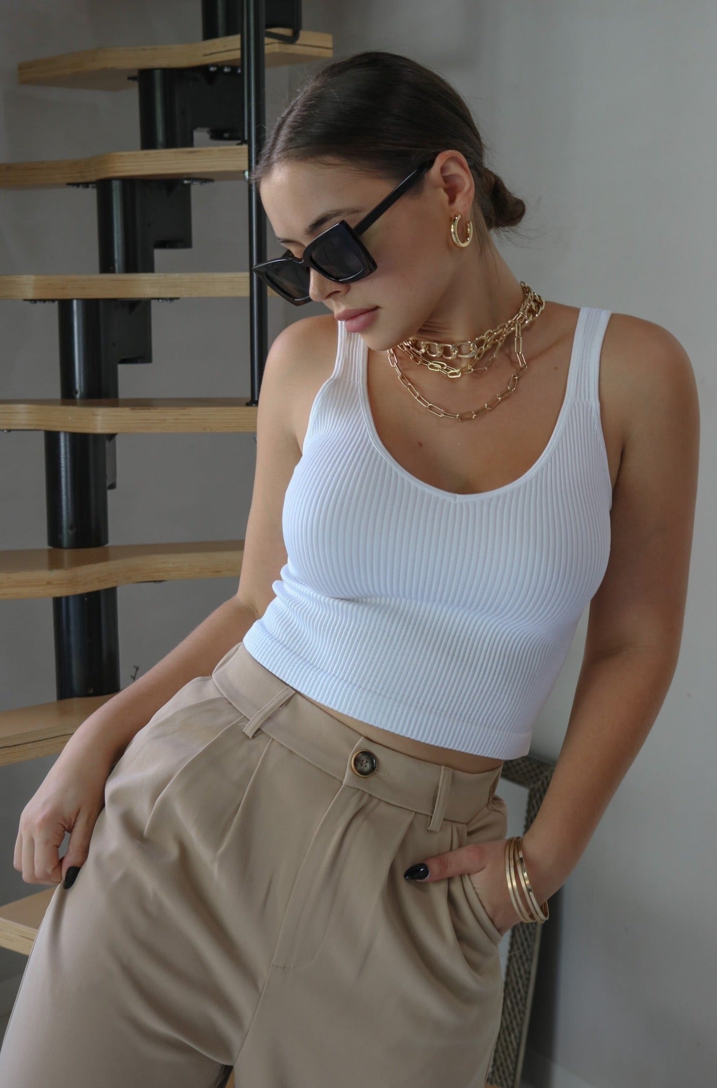 V Neck Ribbed Tank Top in White. Scarlette The Label, an online fashion boutique for women.