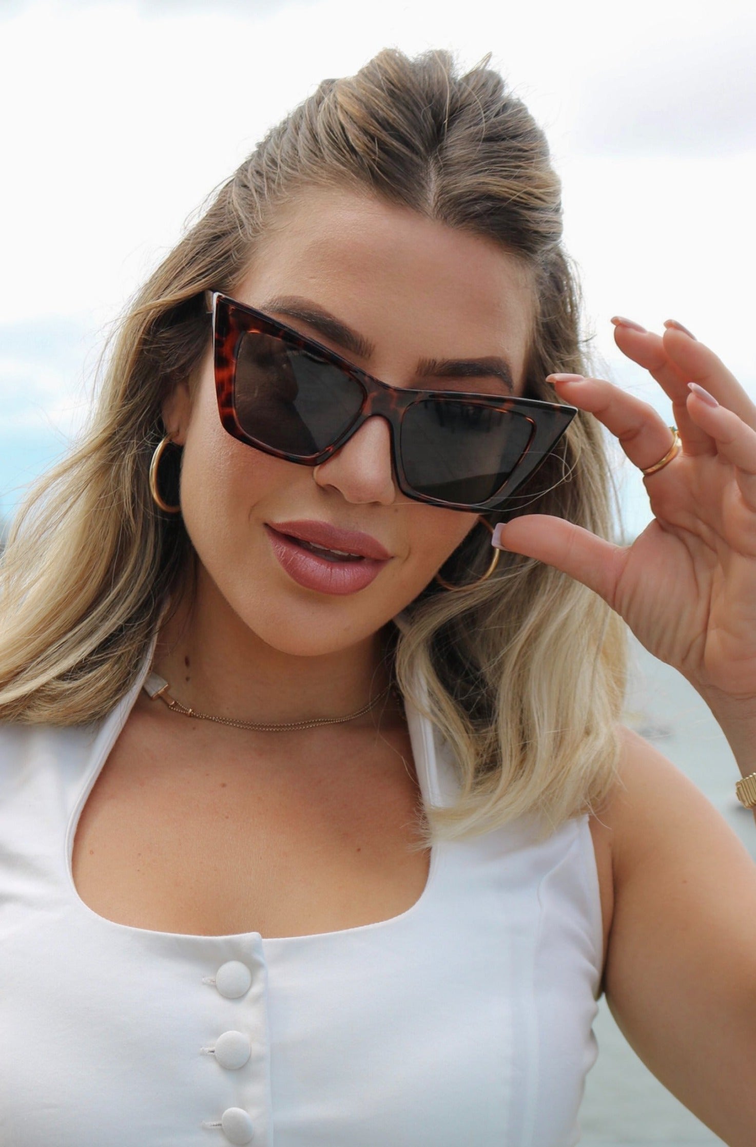 Color: Dark Tortoise Sharp Framed Cat Eye Sunglasses With Angular Temples, Scarlette The Label