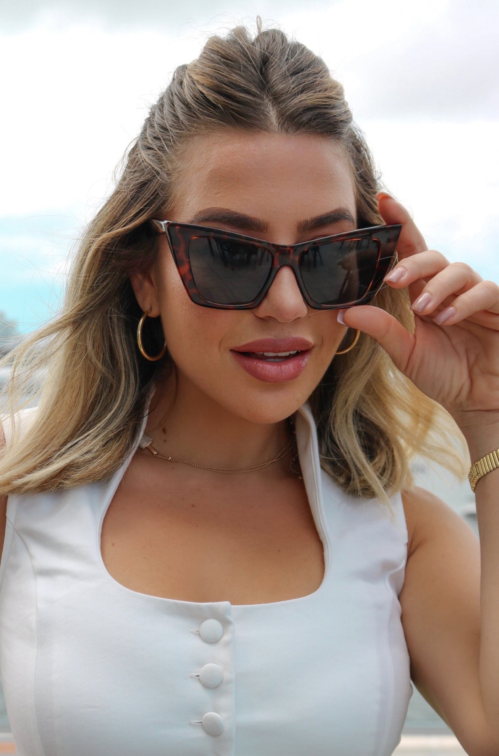 Color: Dark Tortoise Sharp Framed Cat Eye Sunglasses With Angular Temples, Scarlette The Label