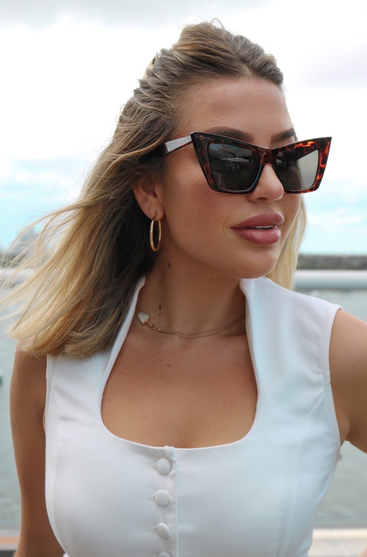 Color: Dark Tortoise Sharp Framed Cat Eye Sunglasses With Angular Temples, Scarlette The Label