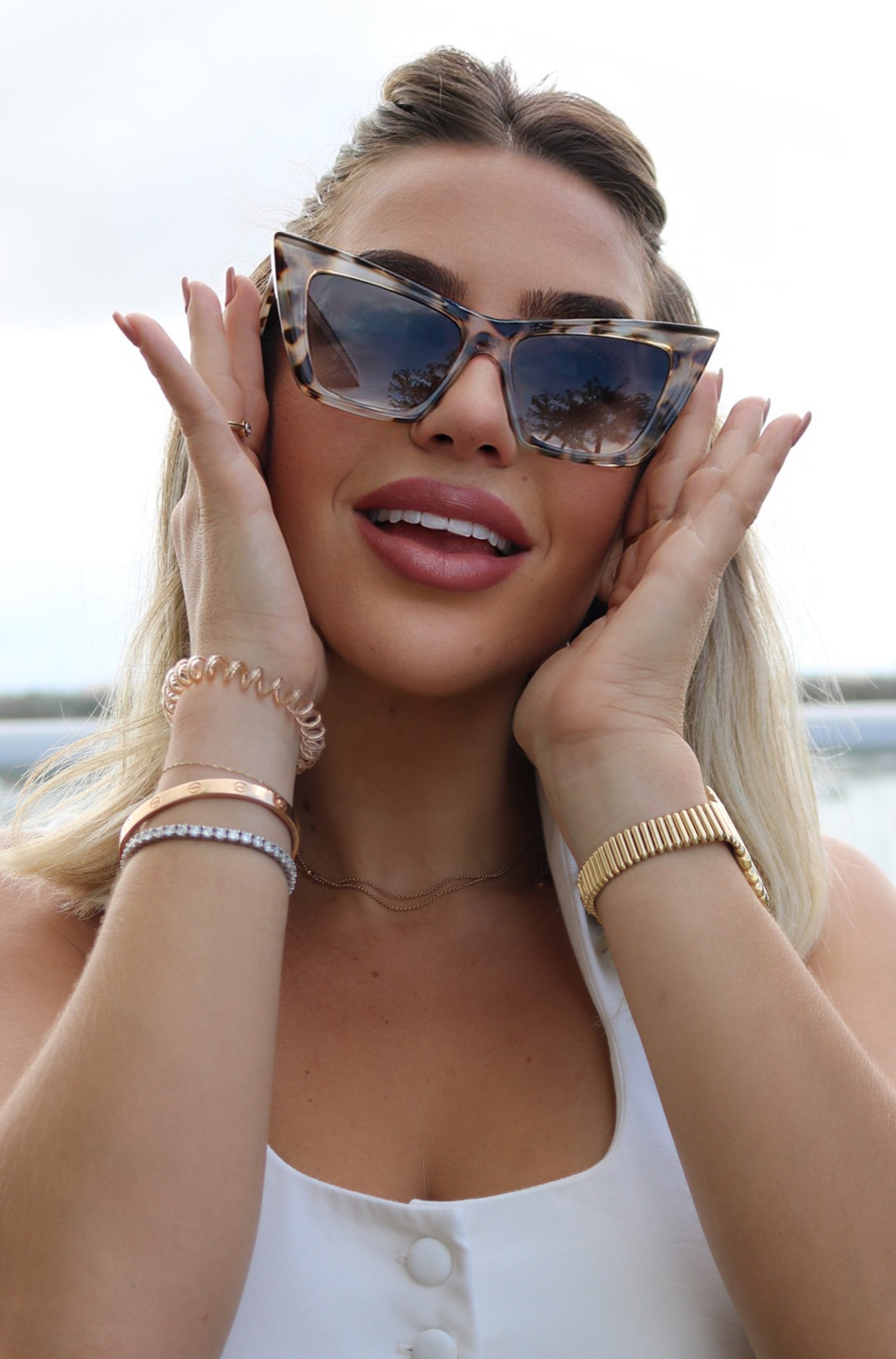 Color: Light Tortoise Sharp Framed Cat Eye Sunglasses With Angular Temples, Scarlette The Label