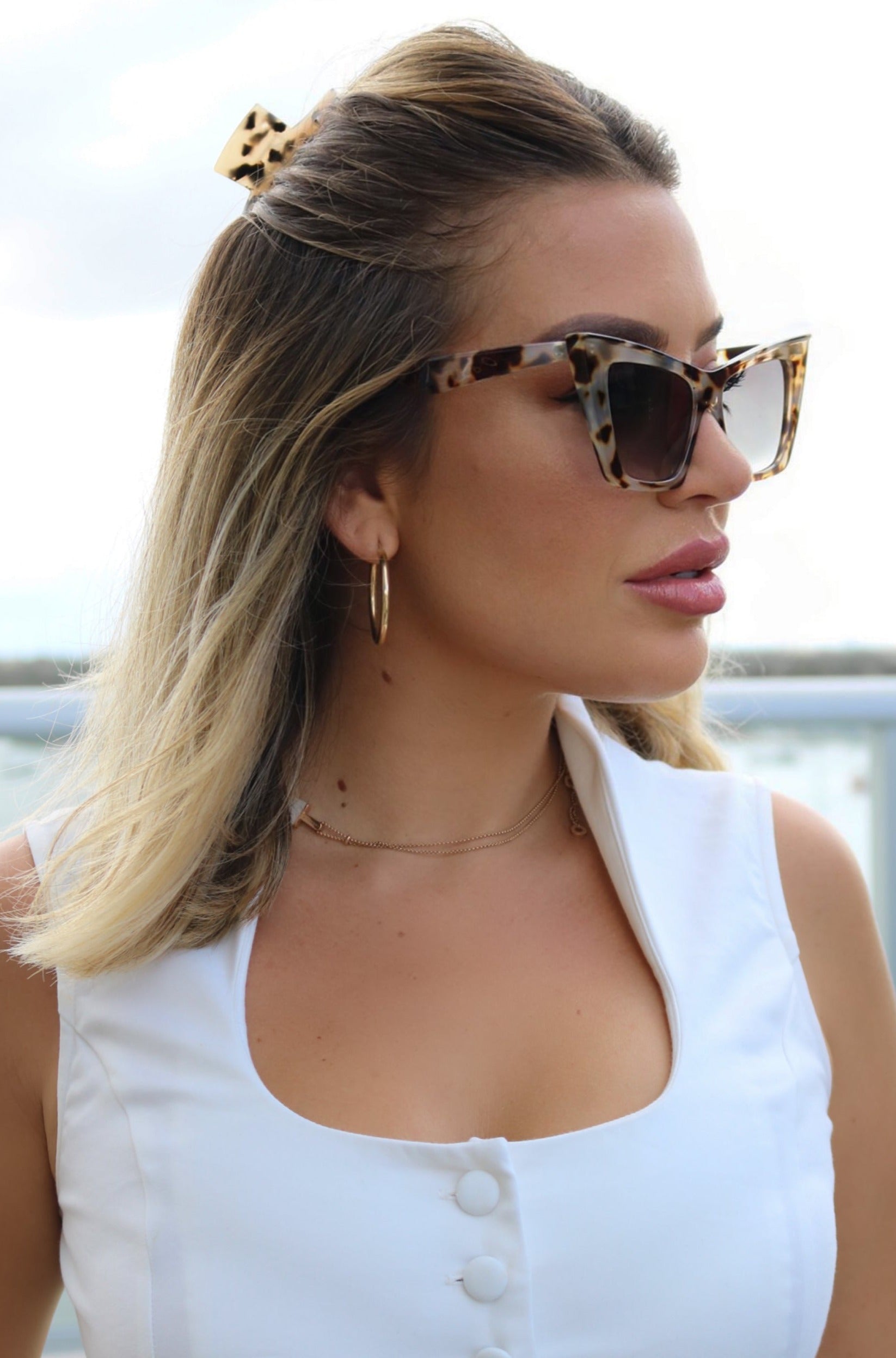 Color: Light Tortoise Sharp Framed Cat Eye Sunglasses With Angular Temples, Scarlette The Label