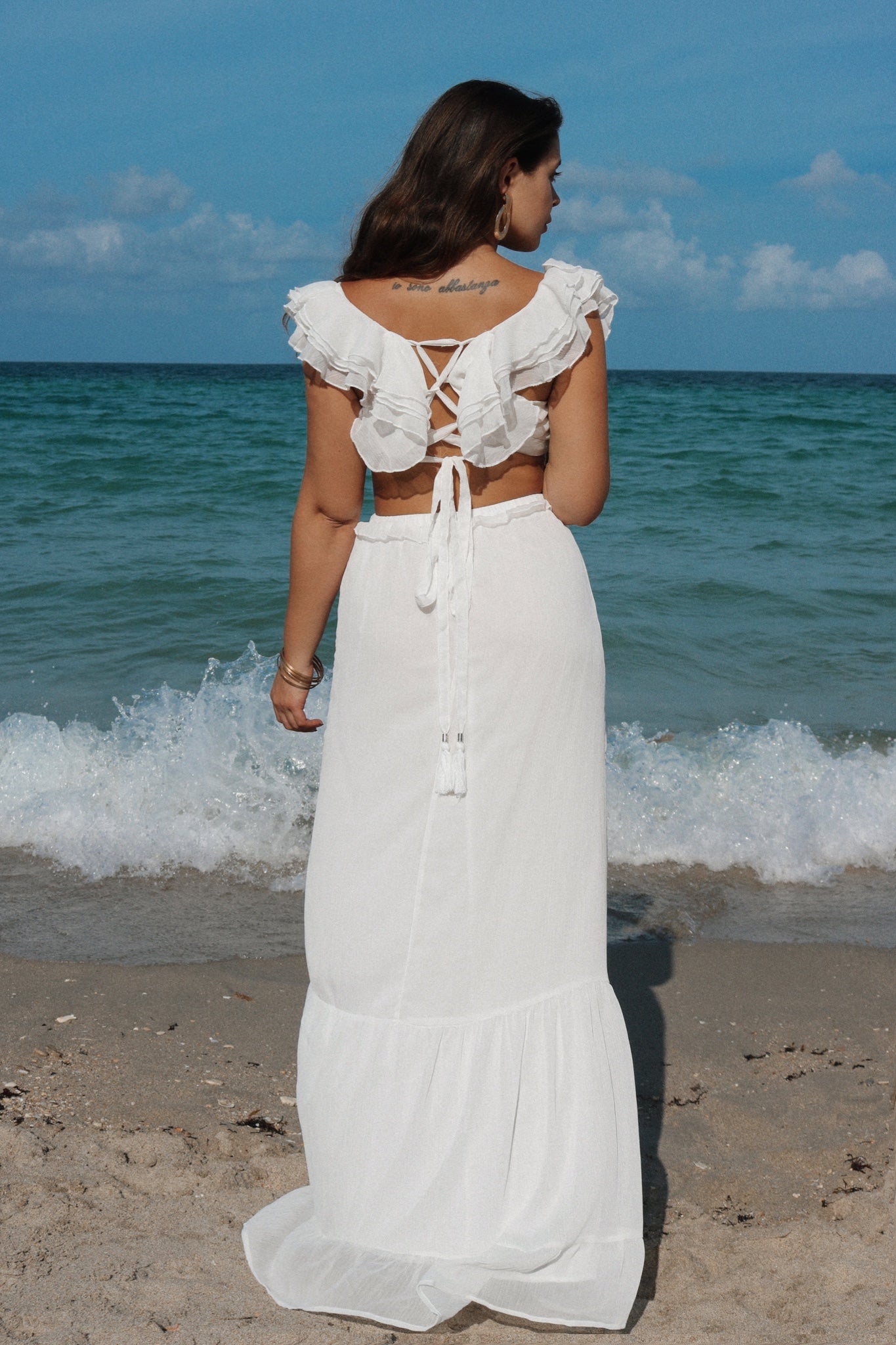Cut Out Ruffled Vacation Maxi Dress in White, Scarlette The Label, an online fashion boutique for women.