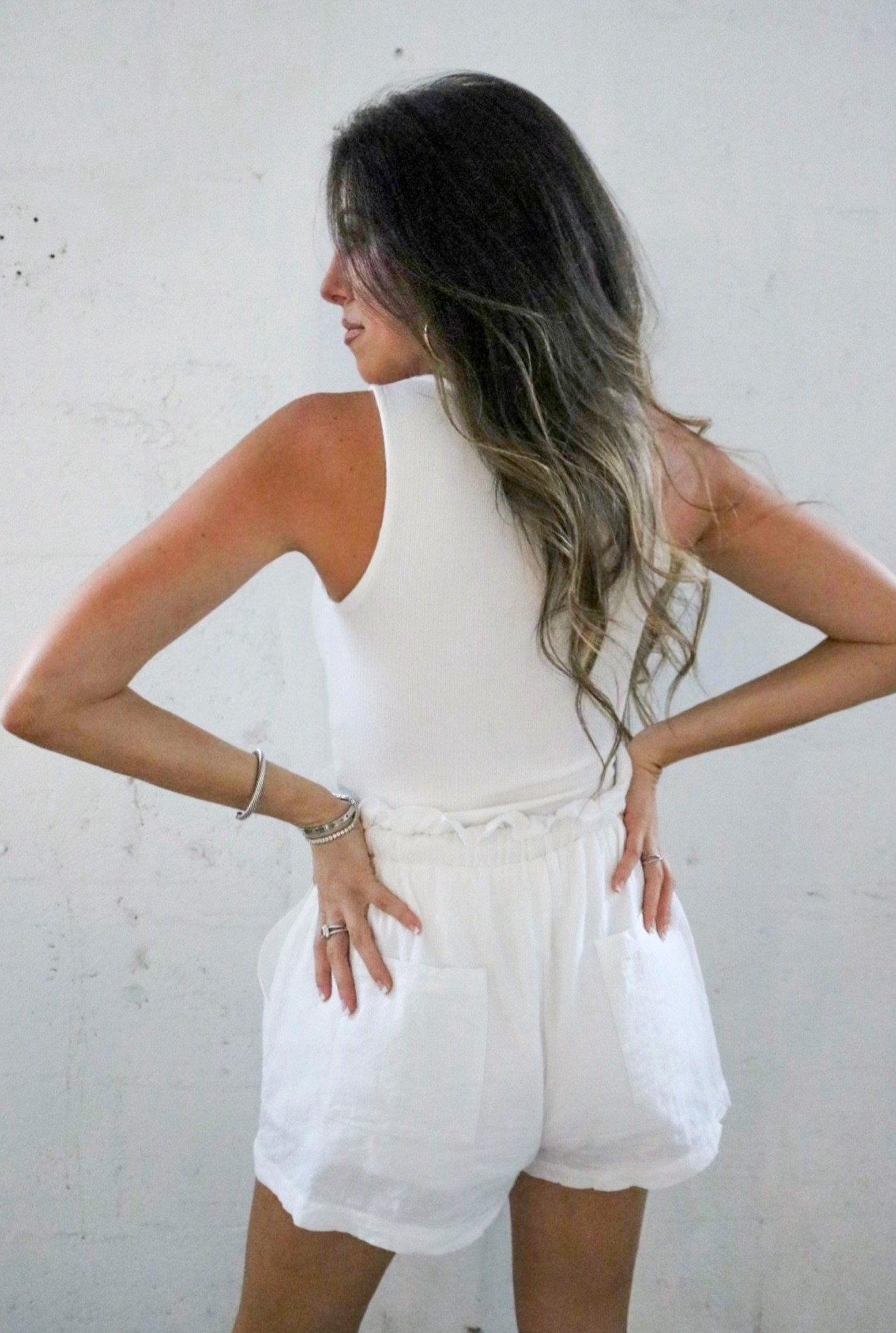 Cutout Ribbed Tank Top in Ivory and Ivory Trousers (Shorts). The Color Coded Collection. Scarlette The Label, an online fashion boutique for women.