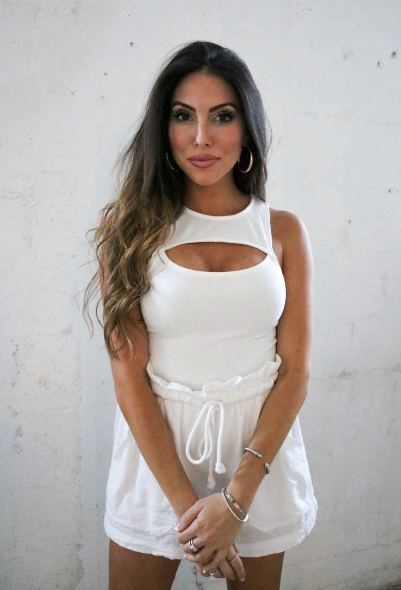 Cutout Ribbed Tank Top in Ivory and Ivory Trousers (Shorts). The Color Coded Collection. Scarlette The Label, an online fashion boutique for women.
