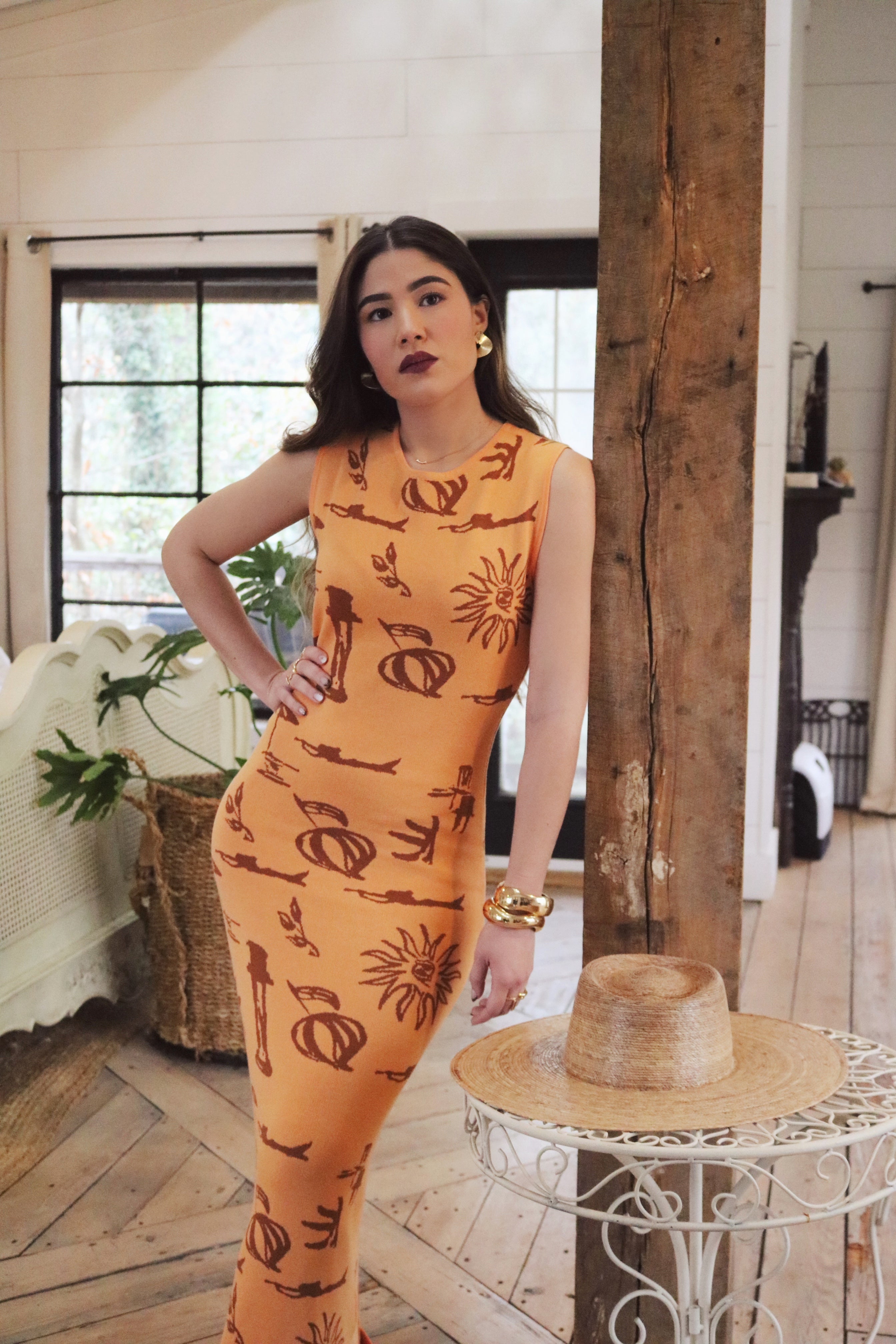 Apricot Mediterranean Inspired Maxi Dress with Beach Motifs. Resort and Vacation Wear. 