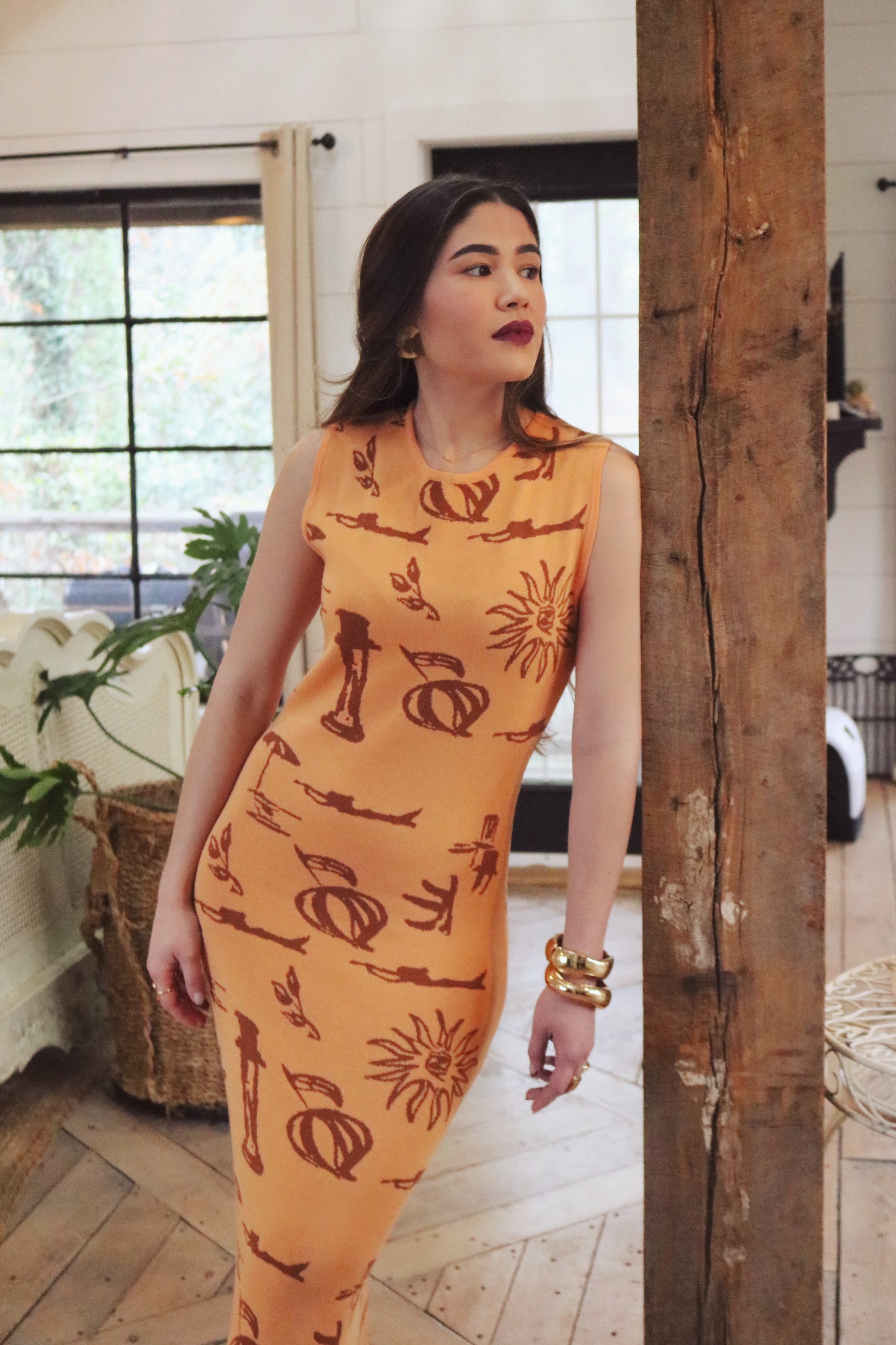 Apricot Mediterranean Inspired Maxi Dress with Beach Motifs. Resort and Vacation Wear. 