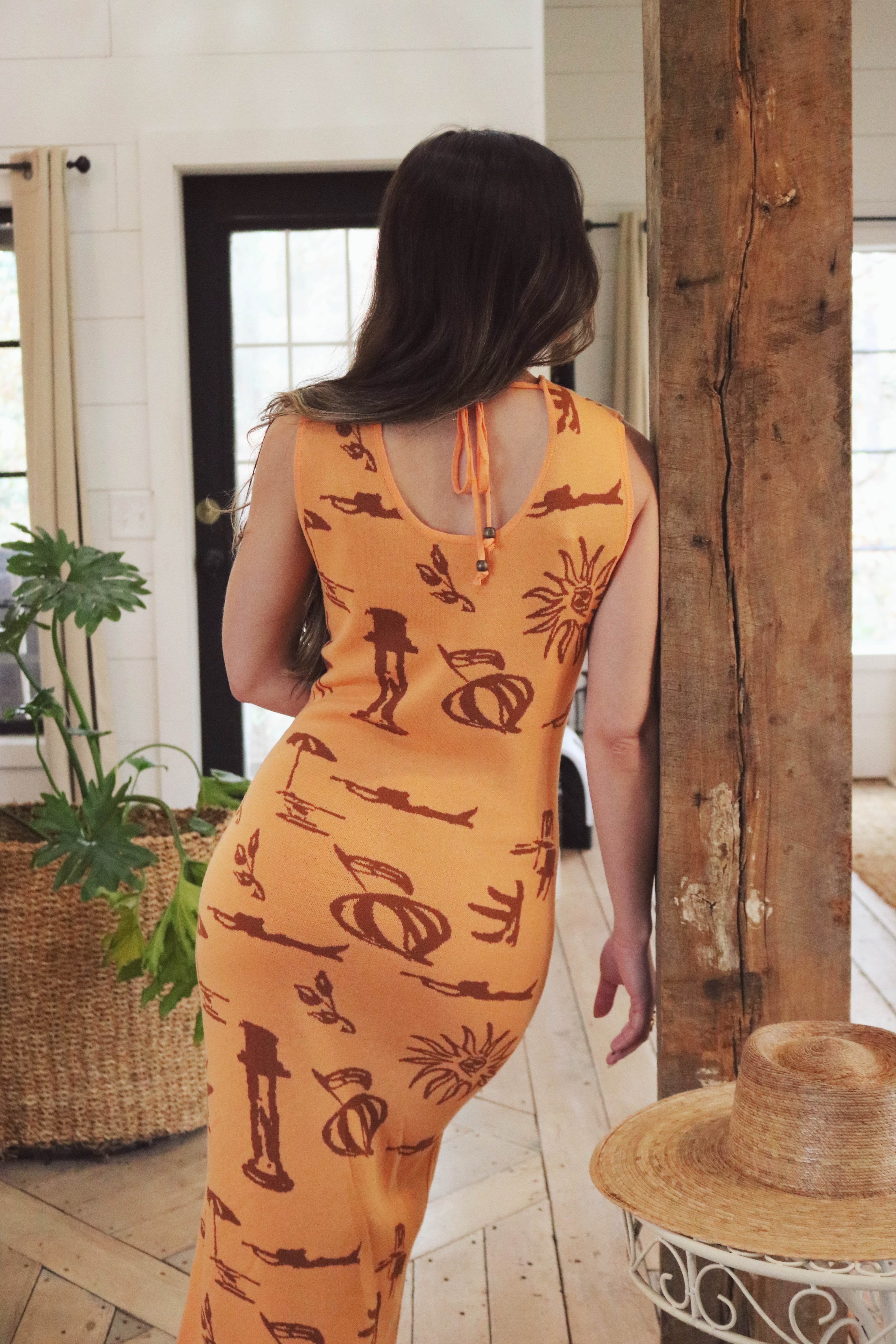 Apricot Mediterranean Inspired Maxi Dress with Beach Motifs. Resort and Vacation Wear. 