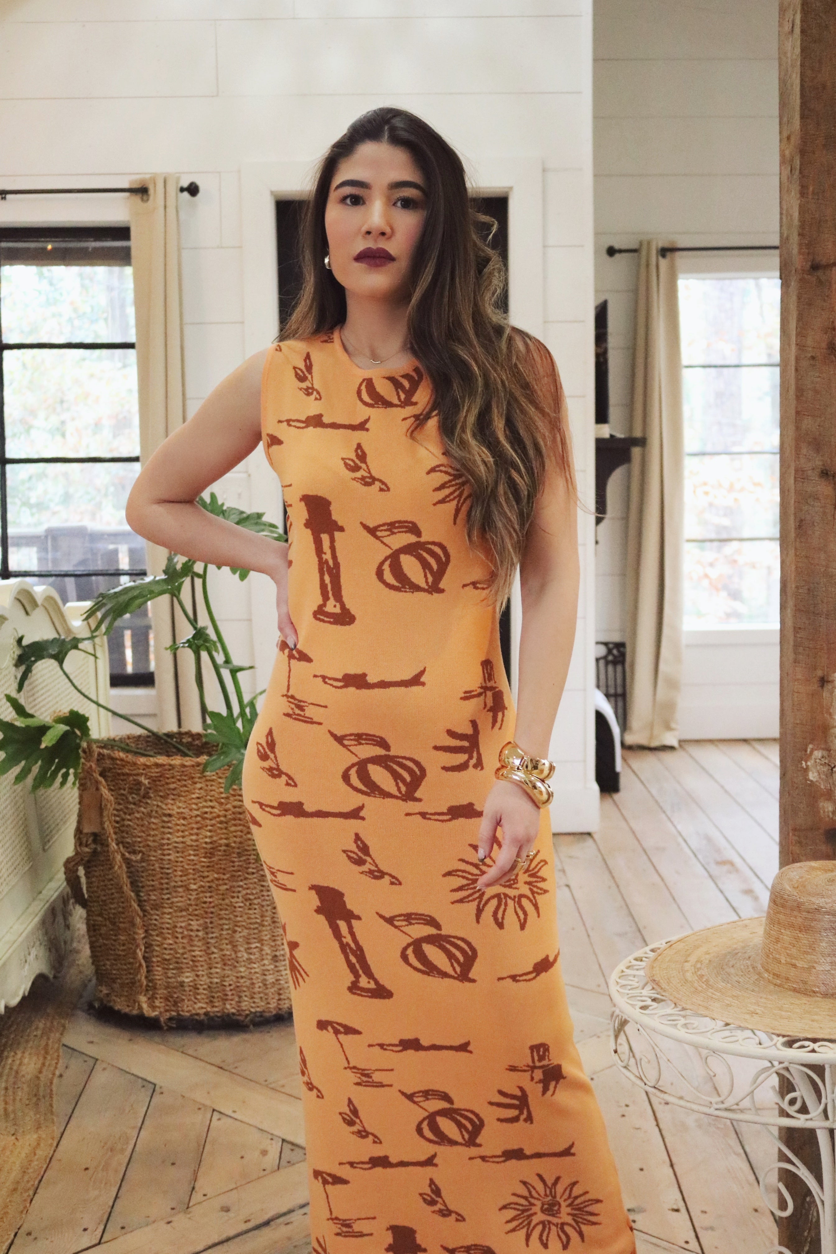 Apricot Mediterranean Inspired Maxi Dress with Beach Motifs. Resort and Vacation Wear. 
