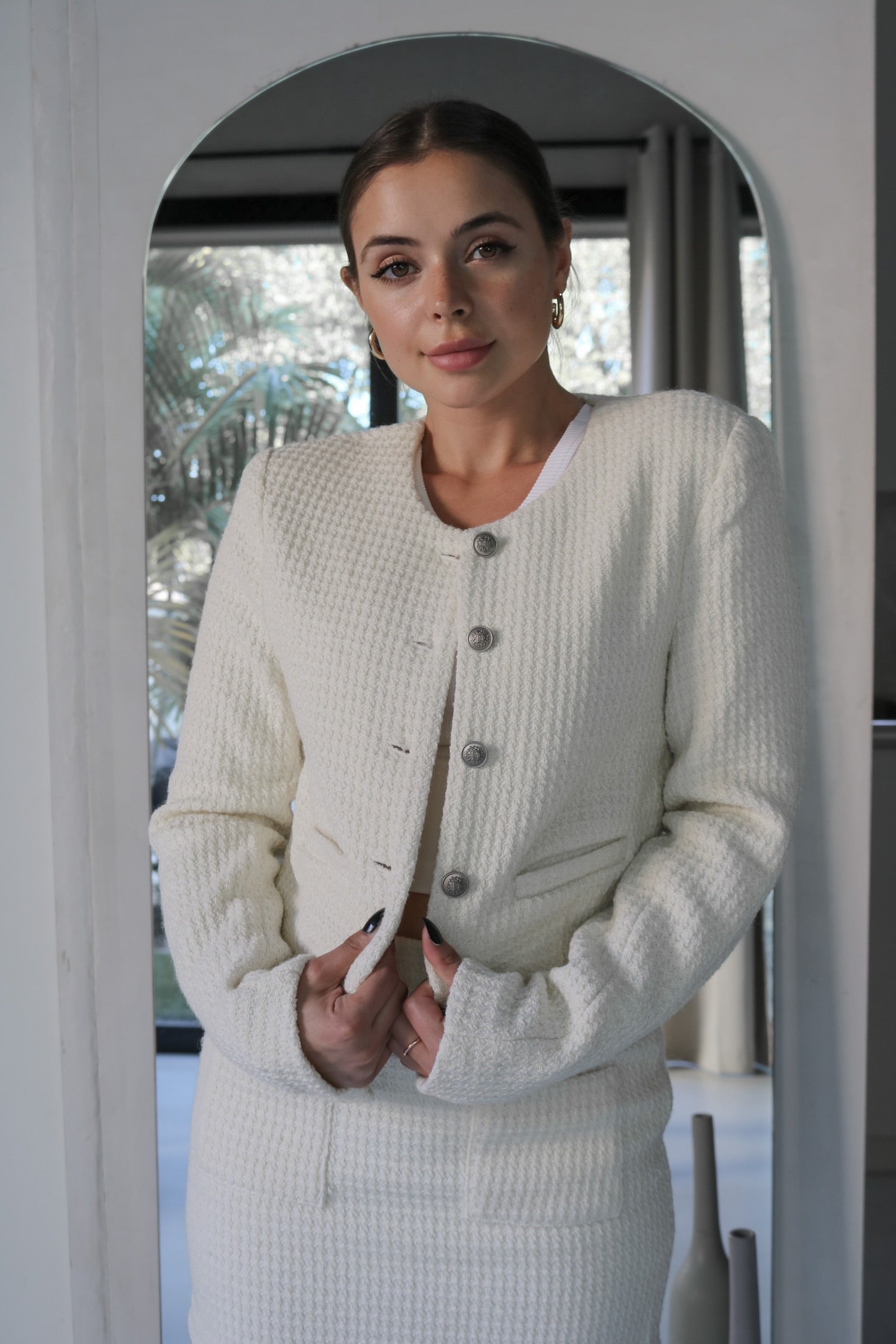 'Cambridge' Textured Buttoned Blazer and Skirt Set in Milk