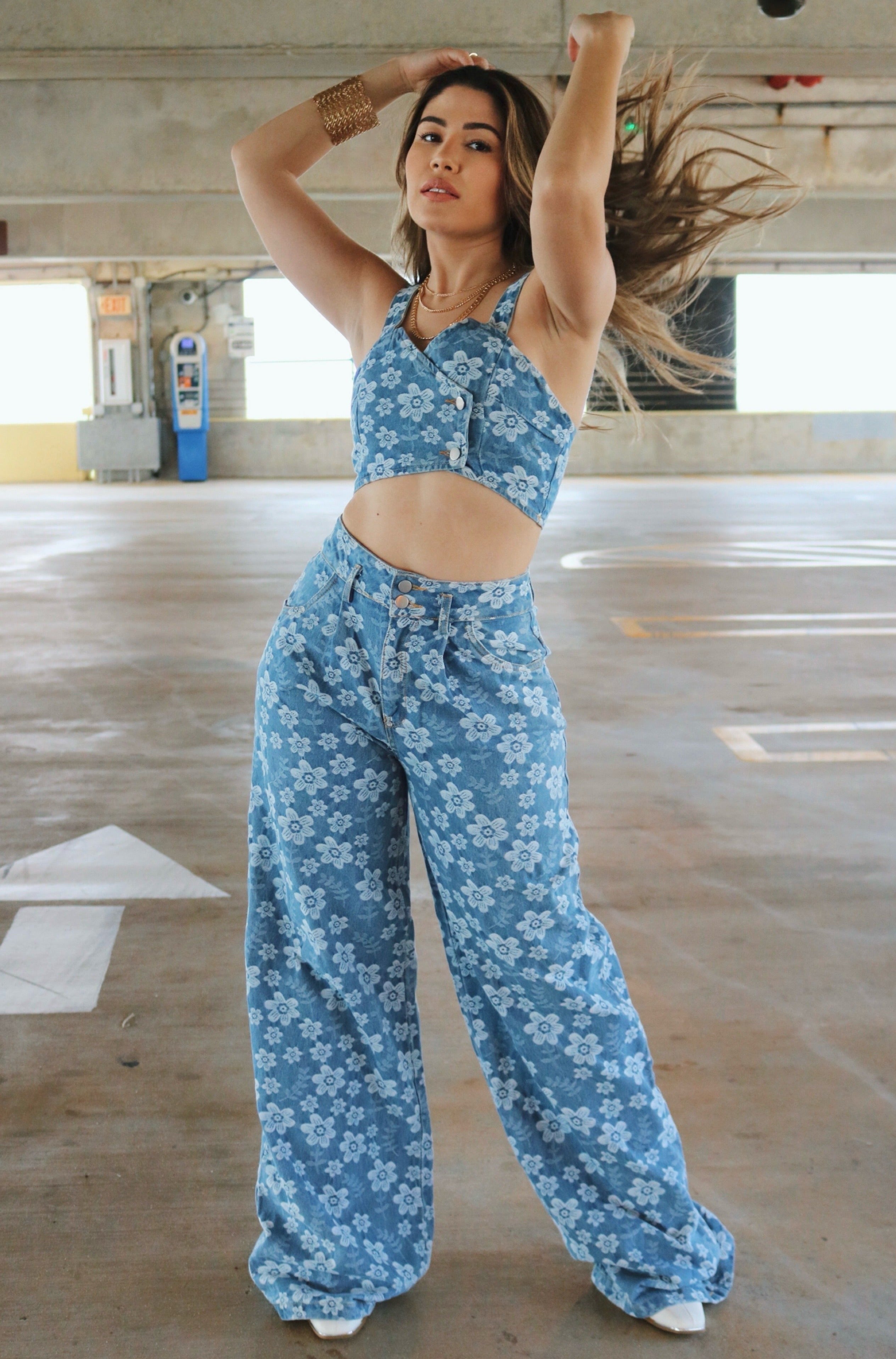 'Skye' Floral Print Double Breasted Top and Flare Jeans in Denim, Scarlette The Label Online Fashion Boutique for Women