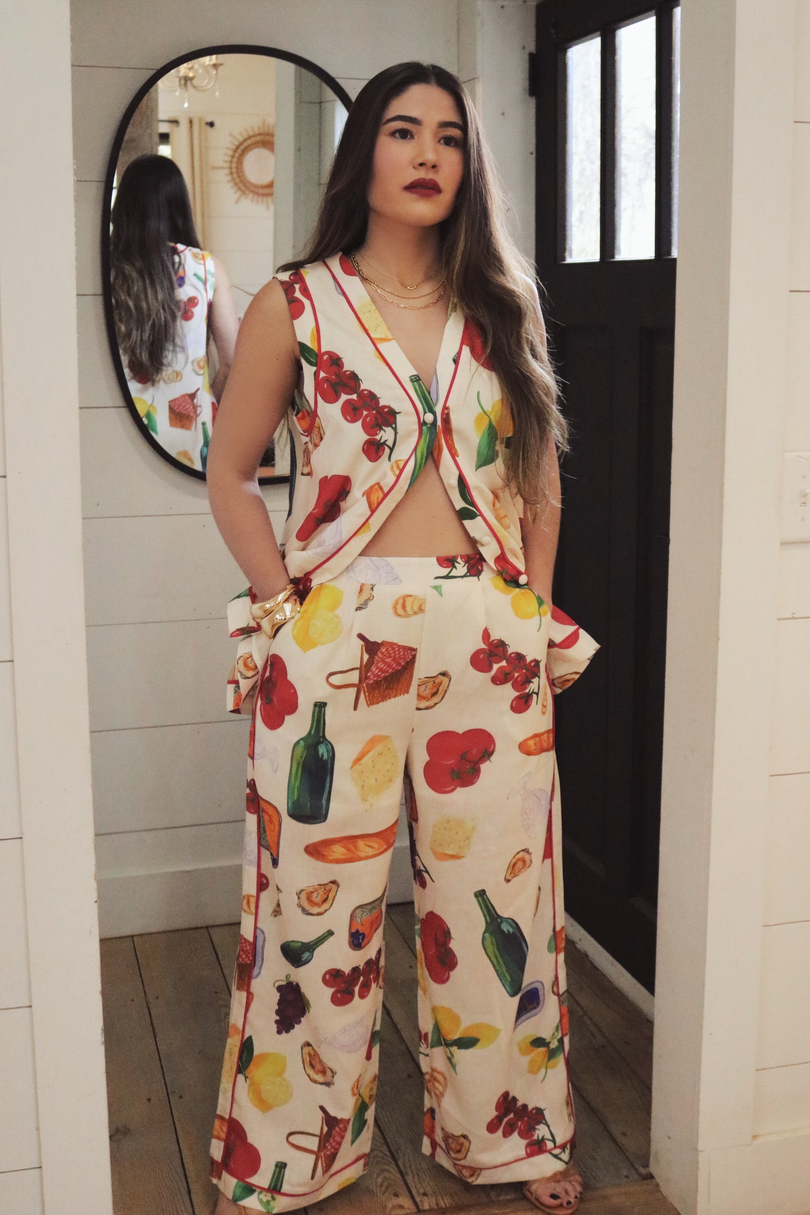 Italian Linen Button Down Blouse and Pant Set. Resort and Vacation Wear. 