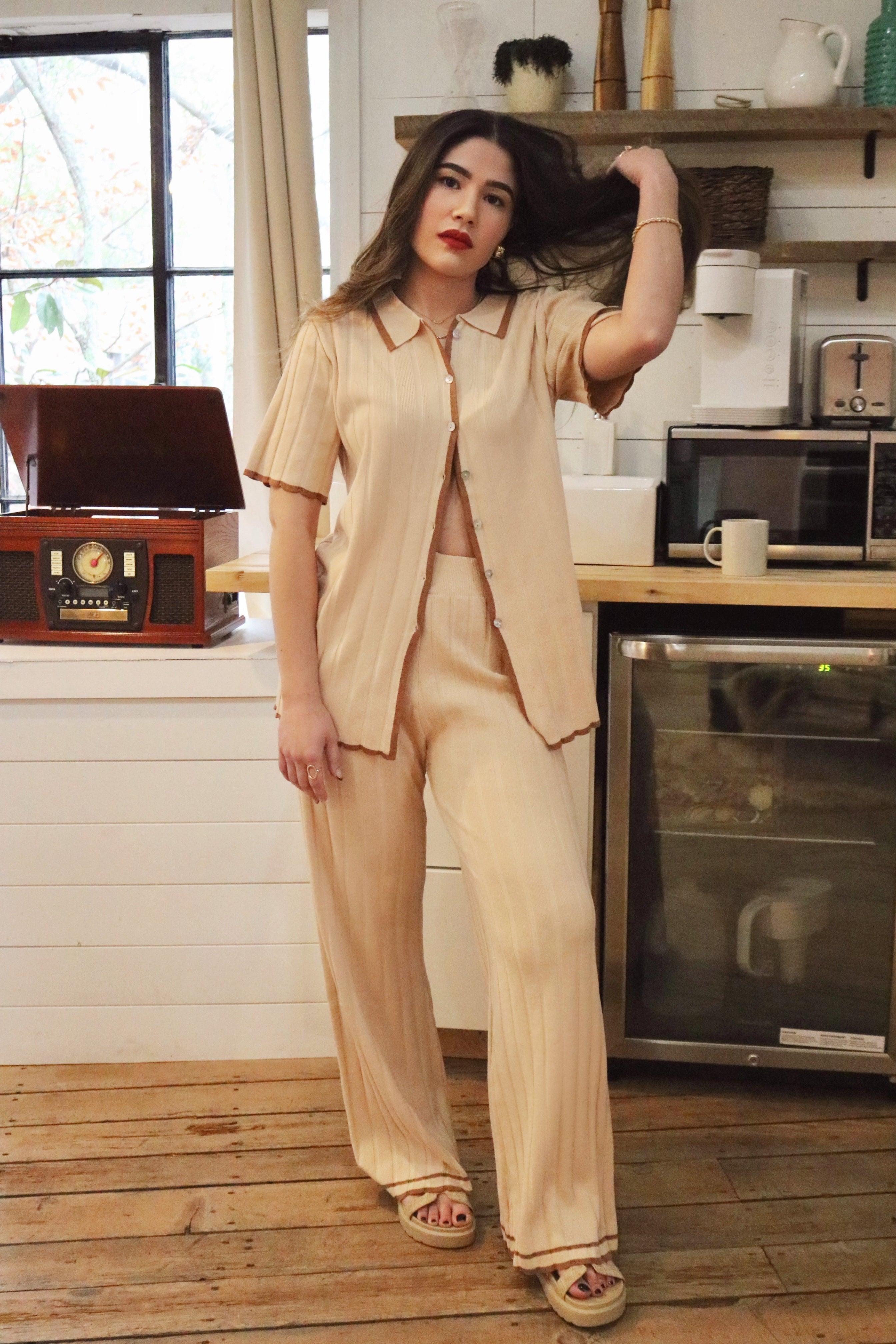 Cotton Button Down Loungewear Set and Matching Loungewear Pants. Resort and Vacation Wear. 