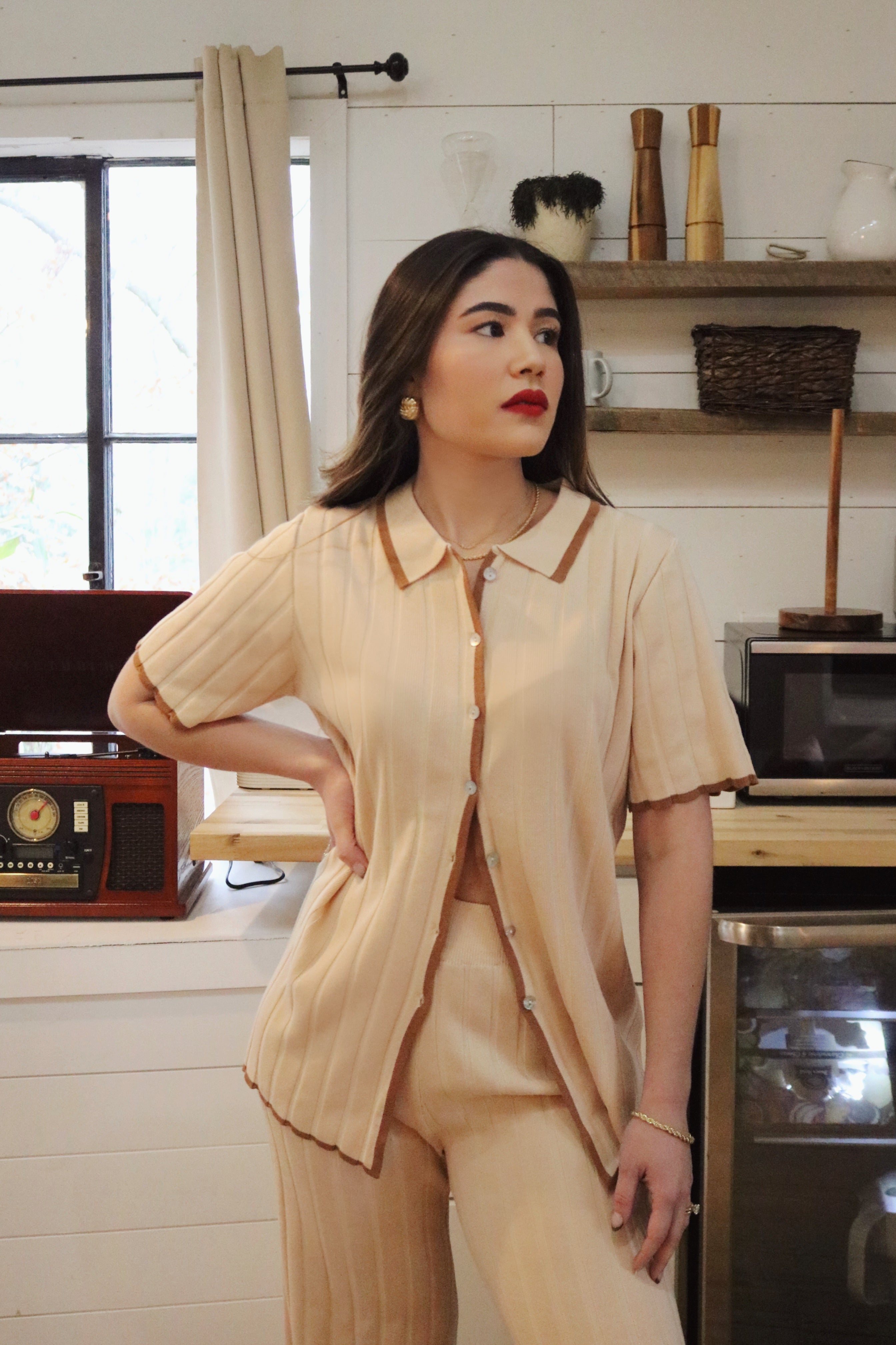 Cotton Button Down Loungewear Set and Matching Loungewear Pants. Resort and Vacation Wear. 