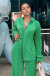 Plisse/Pleated Collared Button Down Long Sleeve w/ Matching Plisse/Pleated Pants Set, Scarlette The Label, an online fashion boutique for women.