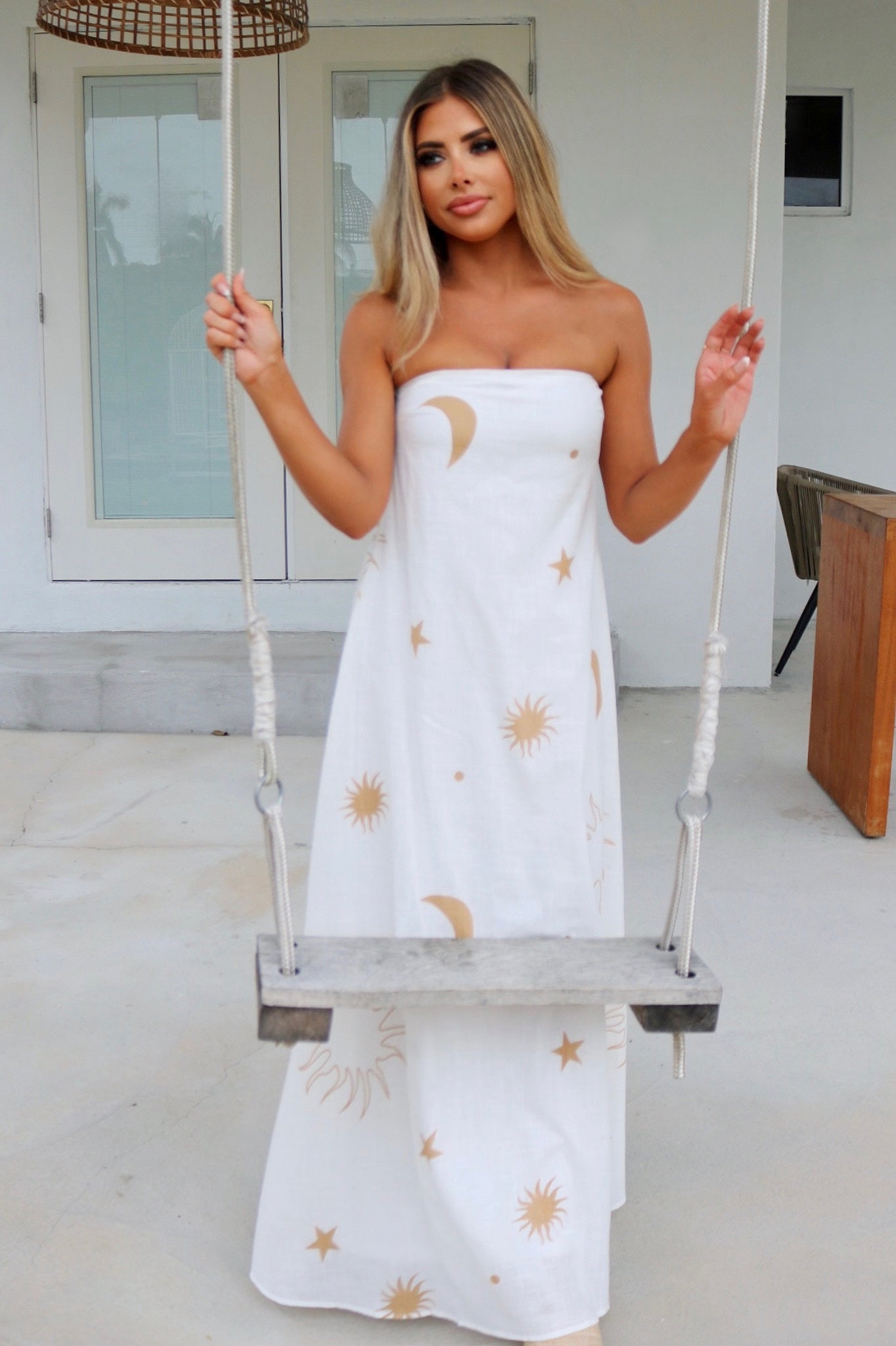 Strapless Sun and Moon Vacation Maxi Dress in White and Gold