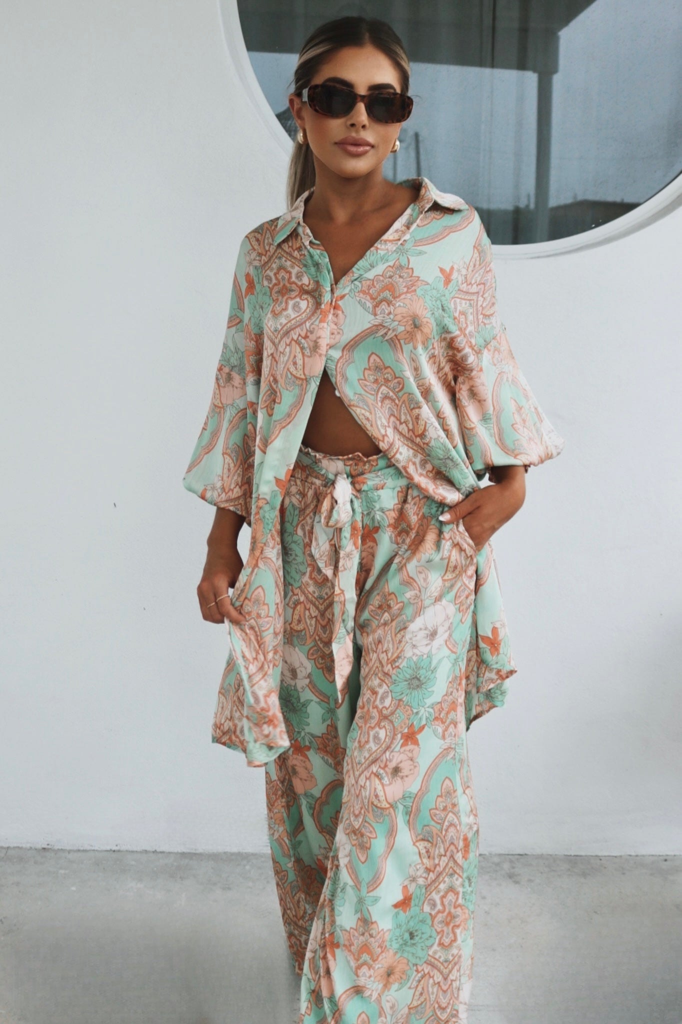 Calista Silk Button Down Blouse and Wide Leg Pant Set