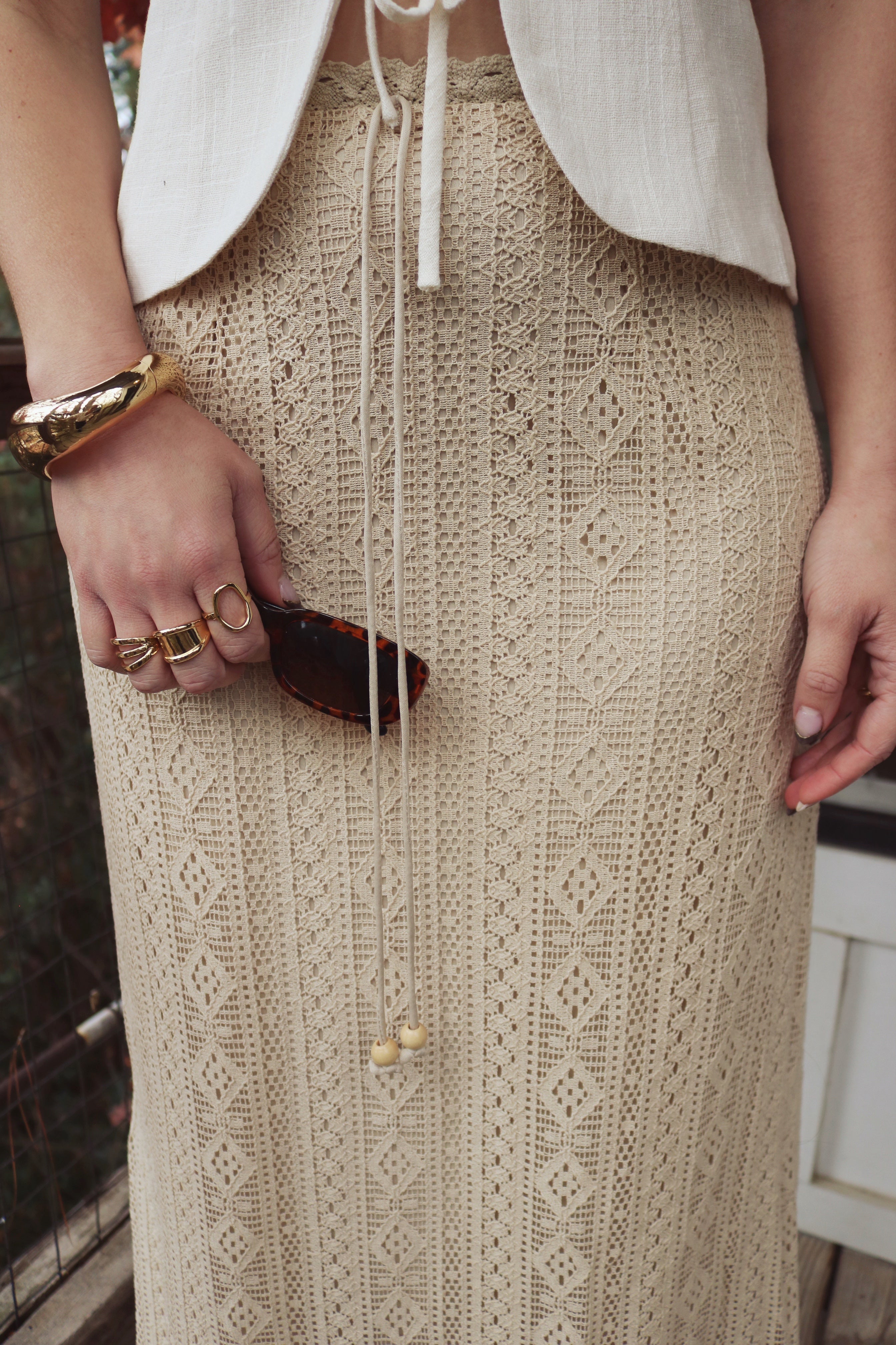 Light Beige Linen Vest and Sand Crochet Skirt Set. Resort and Vacation Wear.