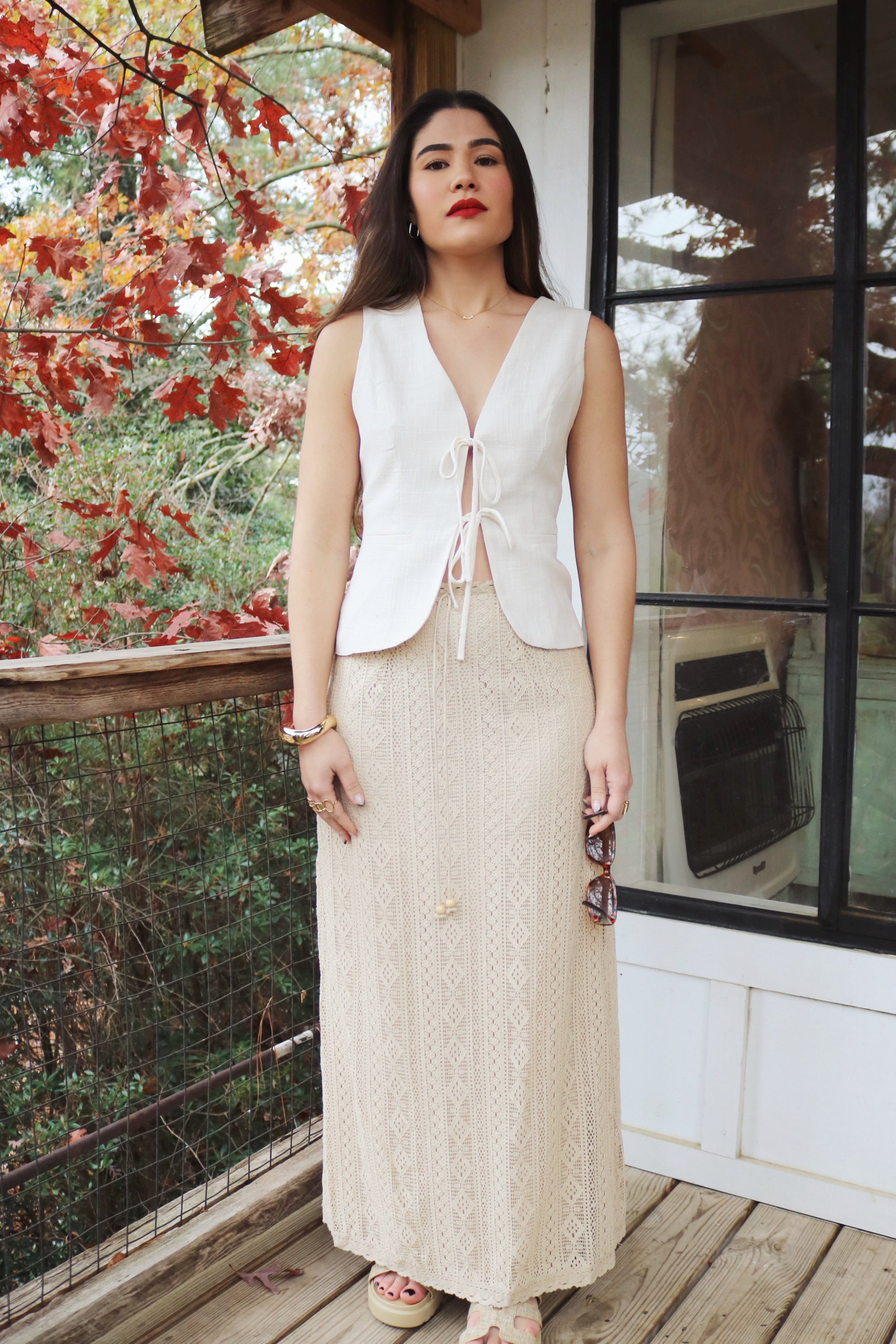 Light Beige Linen Vest and Sand Crochet Skirt Set. Resort and Vacation Wear.