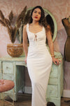 White Maxi Dress with Lace Front Tie and Keyhole. Resort and Vacation Wear.