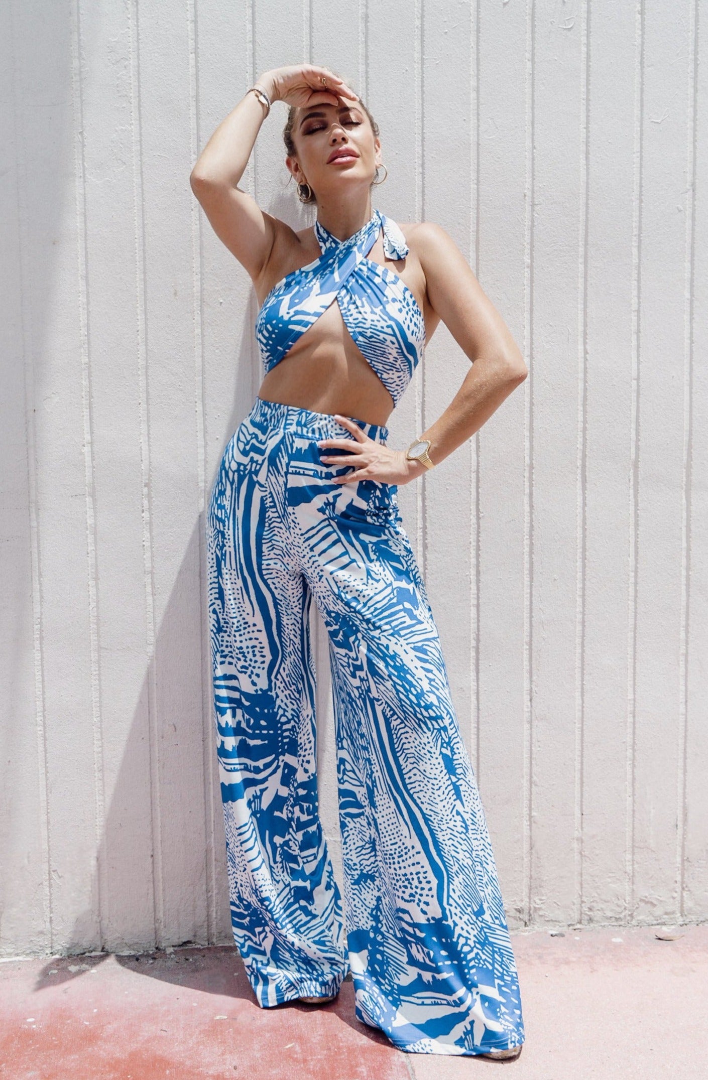 'Al Mare' Cross Halter and Wide Leg Printed Pant Set in Blue, Scarlette The Label, an online fashion boutique for women.