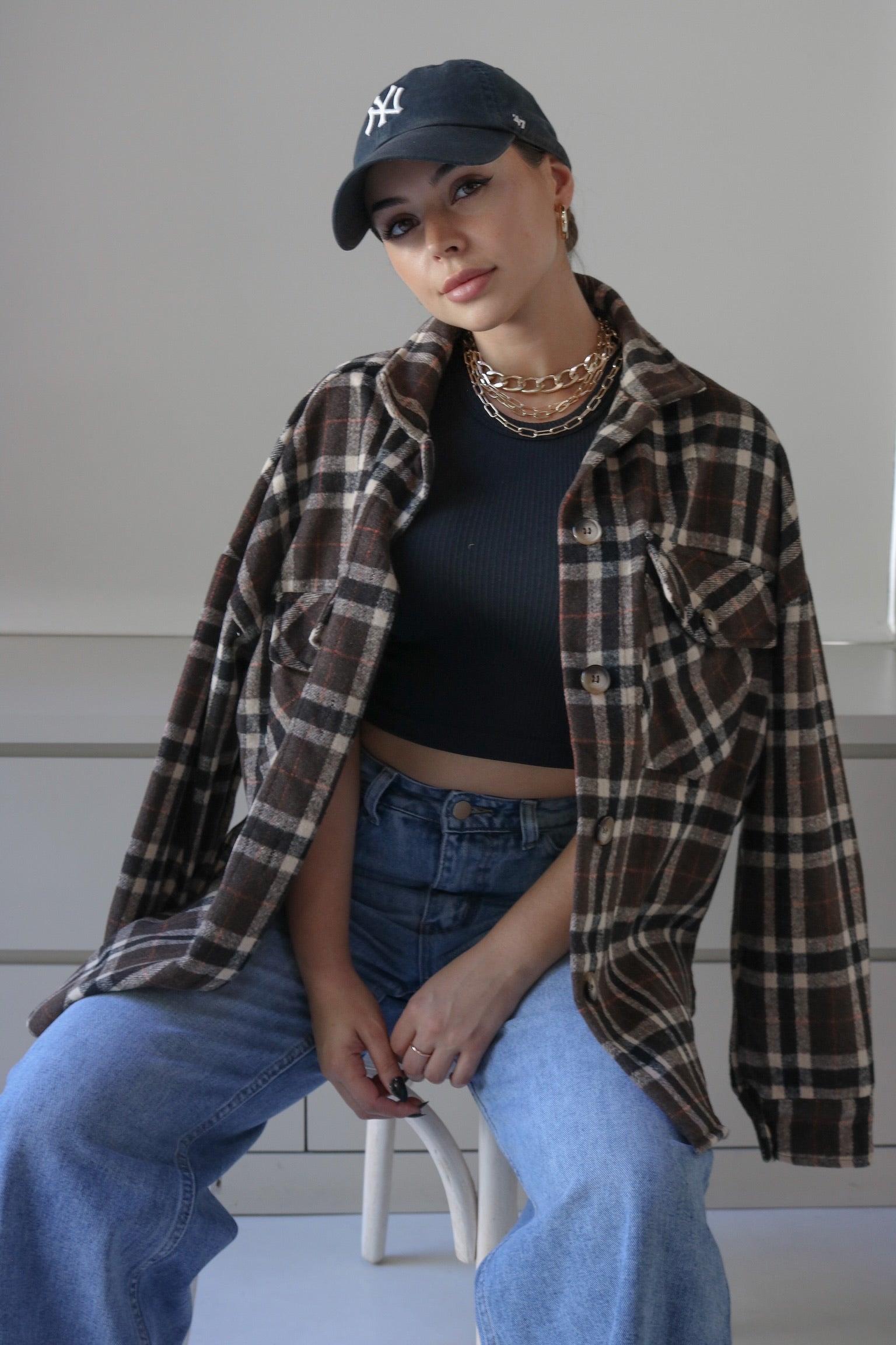 Plaid Flannel Shacket in Brown. Scarlette The Label, an online fashion boutique for women.