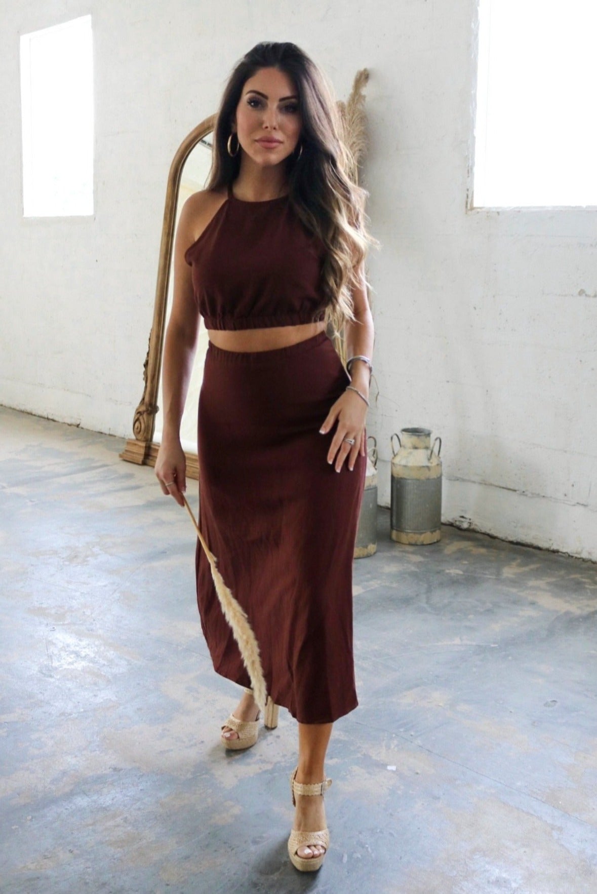 Midi Linen Skirt Set in Cinnamon Brown. The Color Code Collection. Scarlette The Label, an online fashion boutique for women.