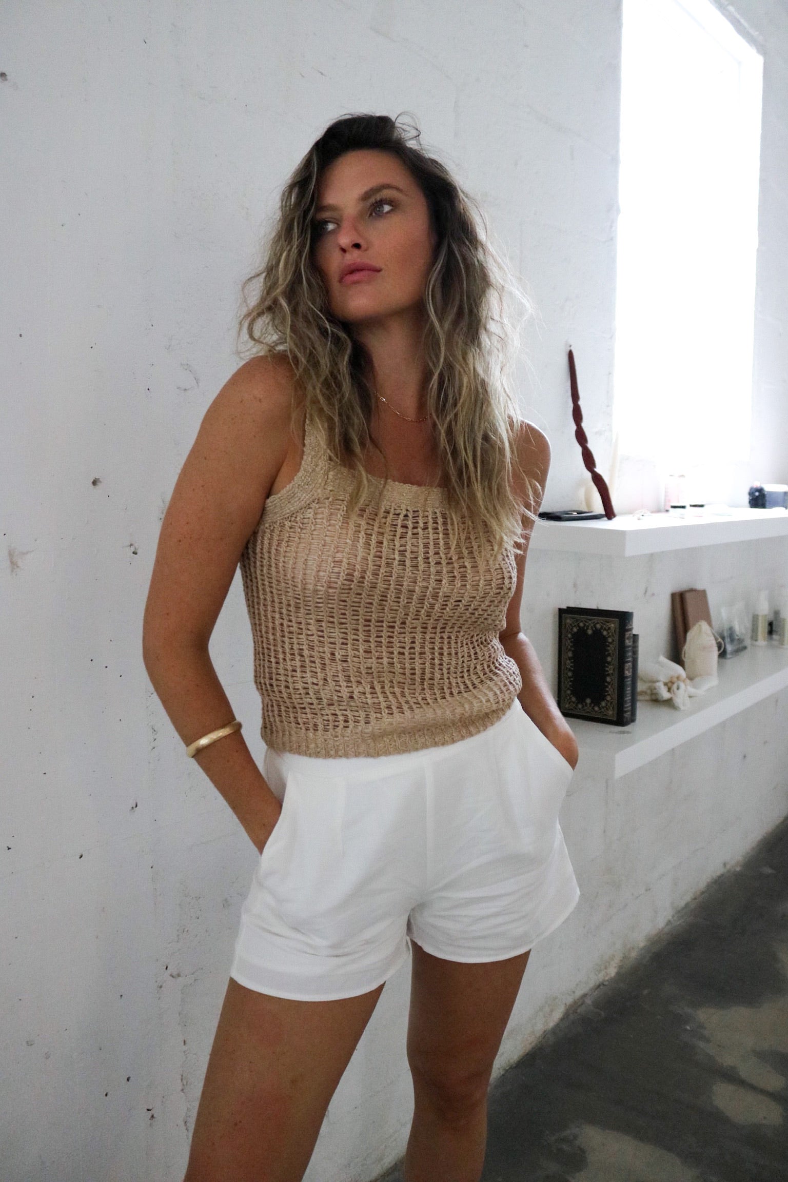 Crochet Top in Sand (Beige) and White Shorts. The Color Coded Collection. Scarlette The Label, an online fashion boutique for women.