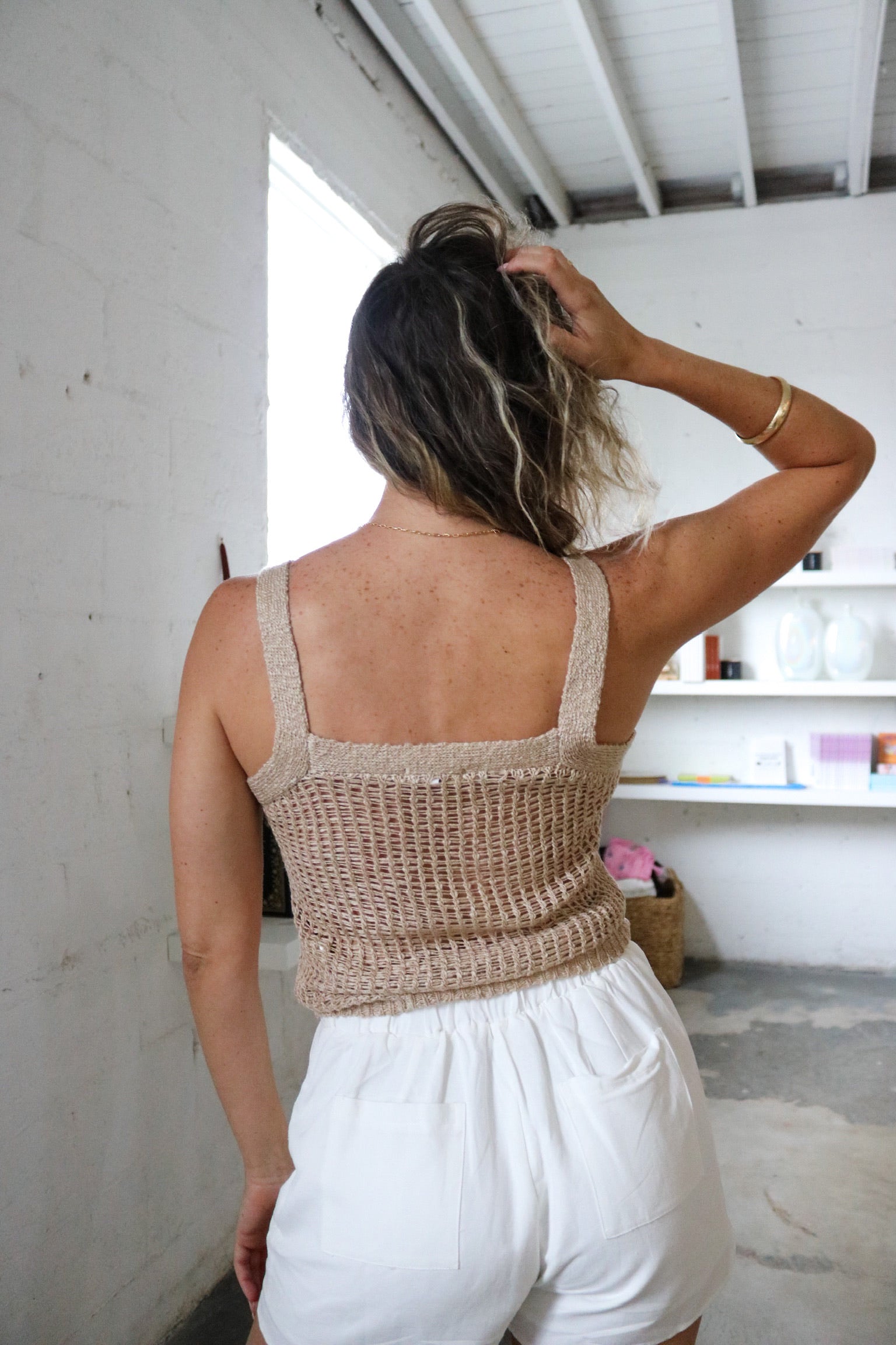 Crochet Top in Sand (Beige) and White Shorts. The Color Coded Collection. Scarlette The Label, an online fashion boutique for women.