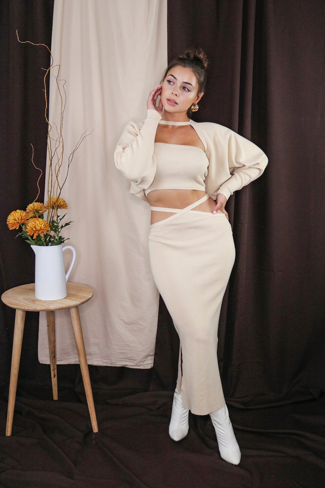 Three 3 Piece Sweater Skirt Set. Includes: Cropped Sweater, Tube Top and Surplice Knit Wrap Skirt. Inspired by Cult Gaia. Scarlette The Label, an online fashion boutique for women.
