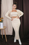 Three 3 Piece Sweater Skirt Set. Includes: Cropped Sweater, Tube Top and Surplice Knit Wrap Skirt. Inspired by Cult Gaia. Scarlette The Label, an online fashion boutique for women.