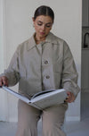 Collared Faux Leather Jacket in Beige. Scarlette The Label, an online fashion boutique for women.