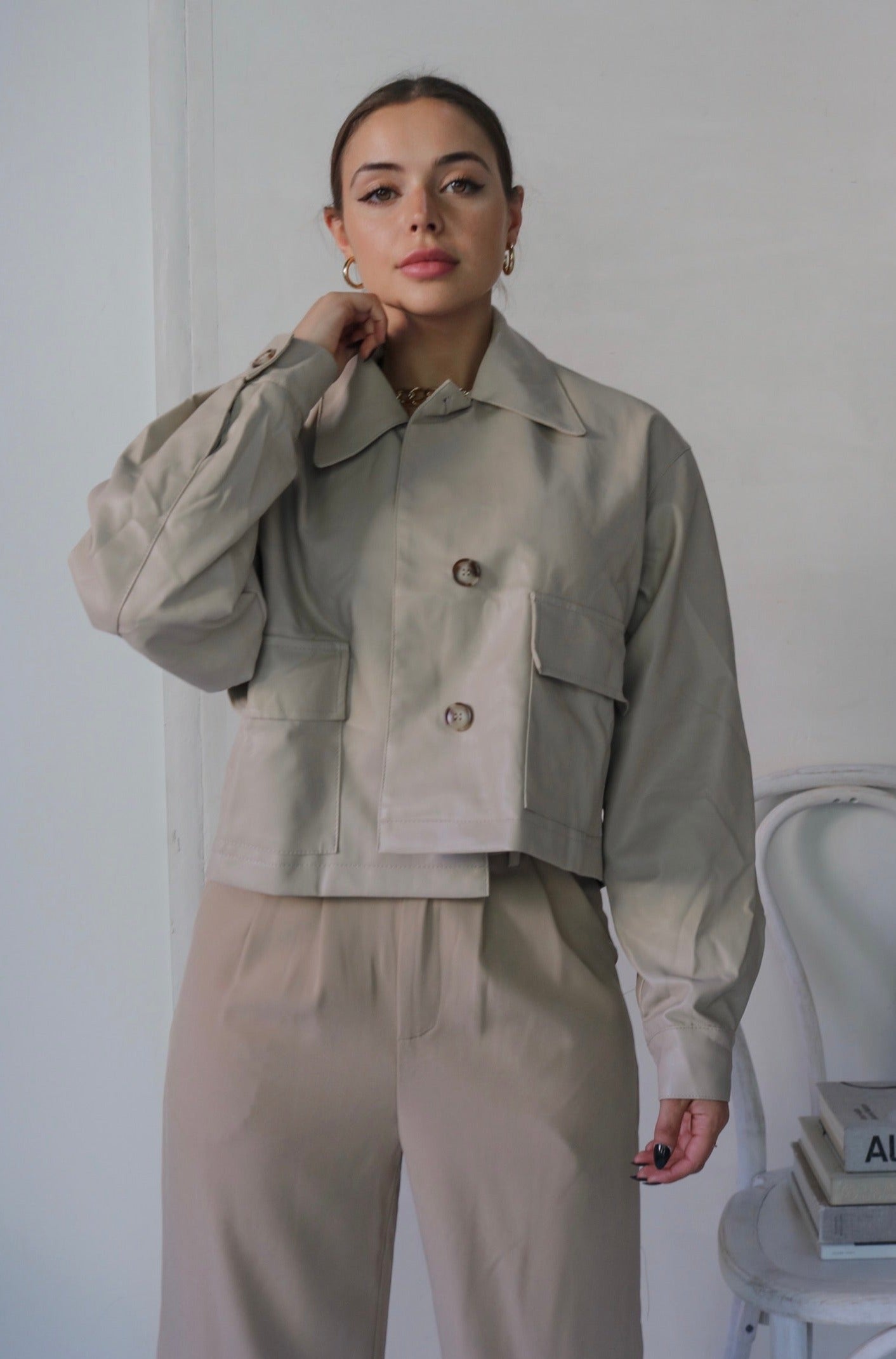 Collared Faux Leather Jacket in Beige. Scarlette The Label, an online fashion boutique for women.