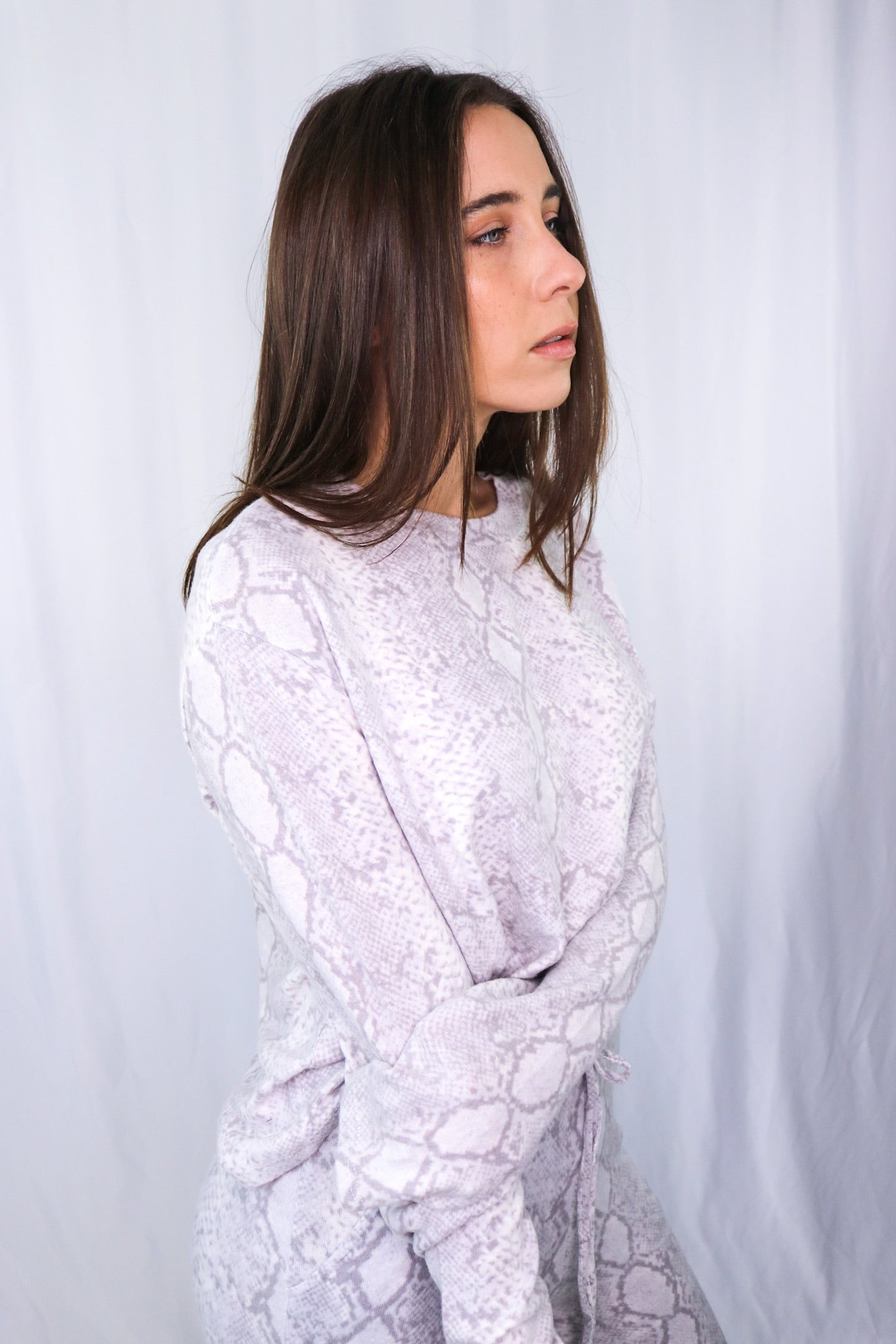 Long sleeve and pants loungewear set in python (snake print) for Scarlette The Label, an online fashion boutique for women.