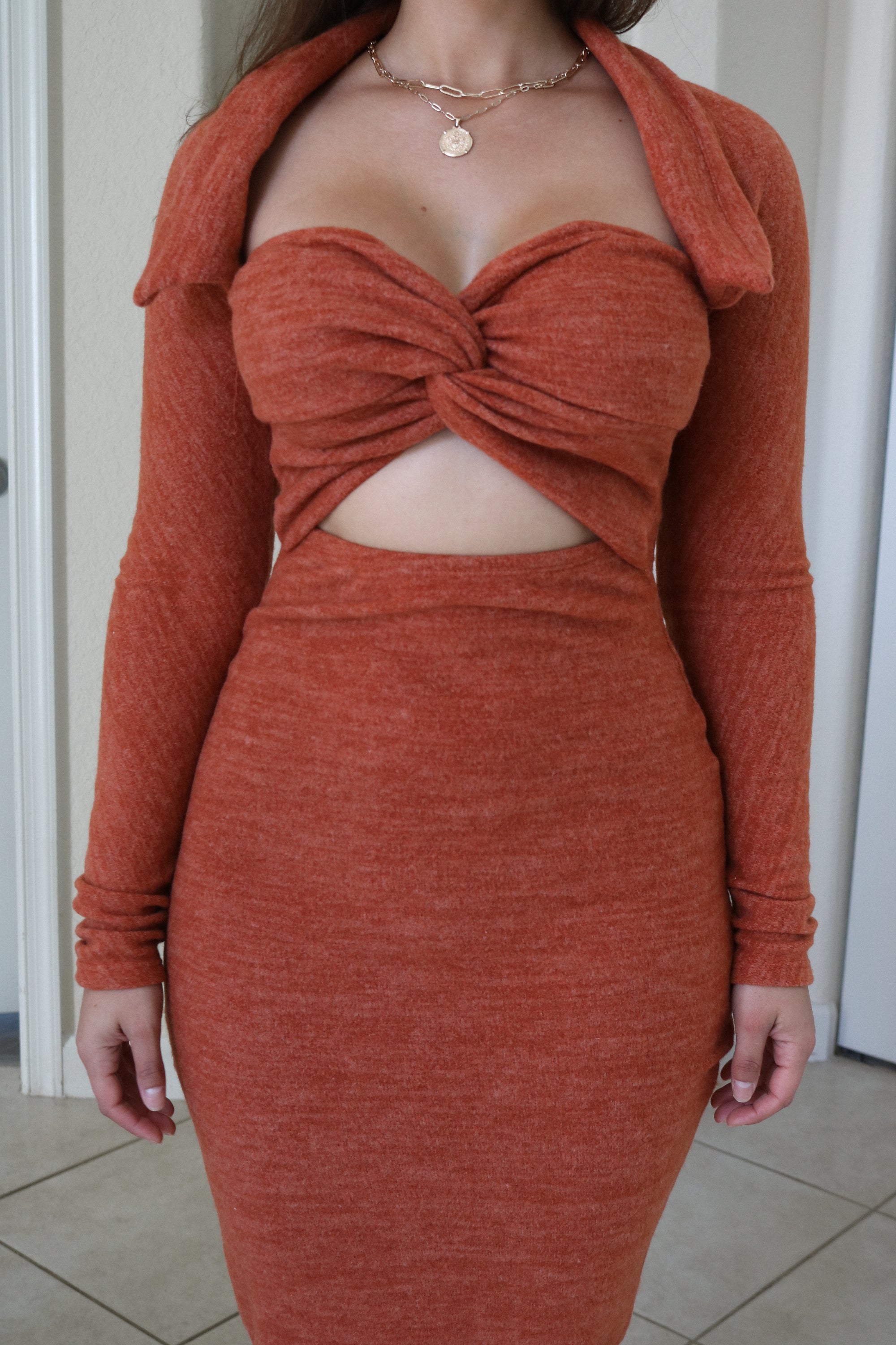 2 Piece Cut Out Wool Maxi Dress w/ Collared Sweater Shawl in Rust. Scarlette The Label, an online fashion boutique for women.