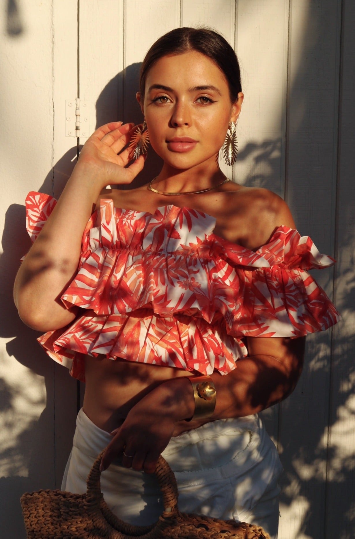 'Ixora' Ruffled Off The Shoulder Vacation Blouse in Coral Print. Scarlette The Label, an online fashion boutique for women.