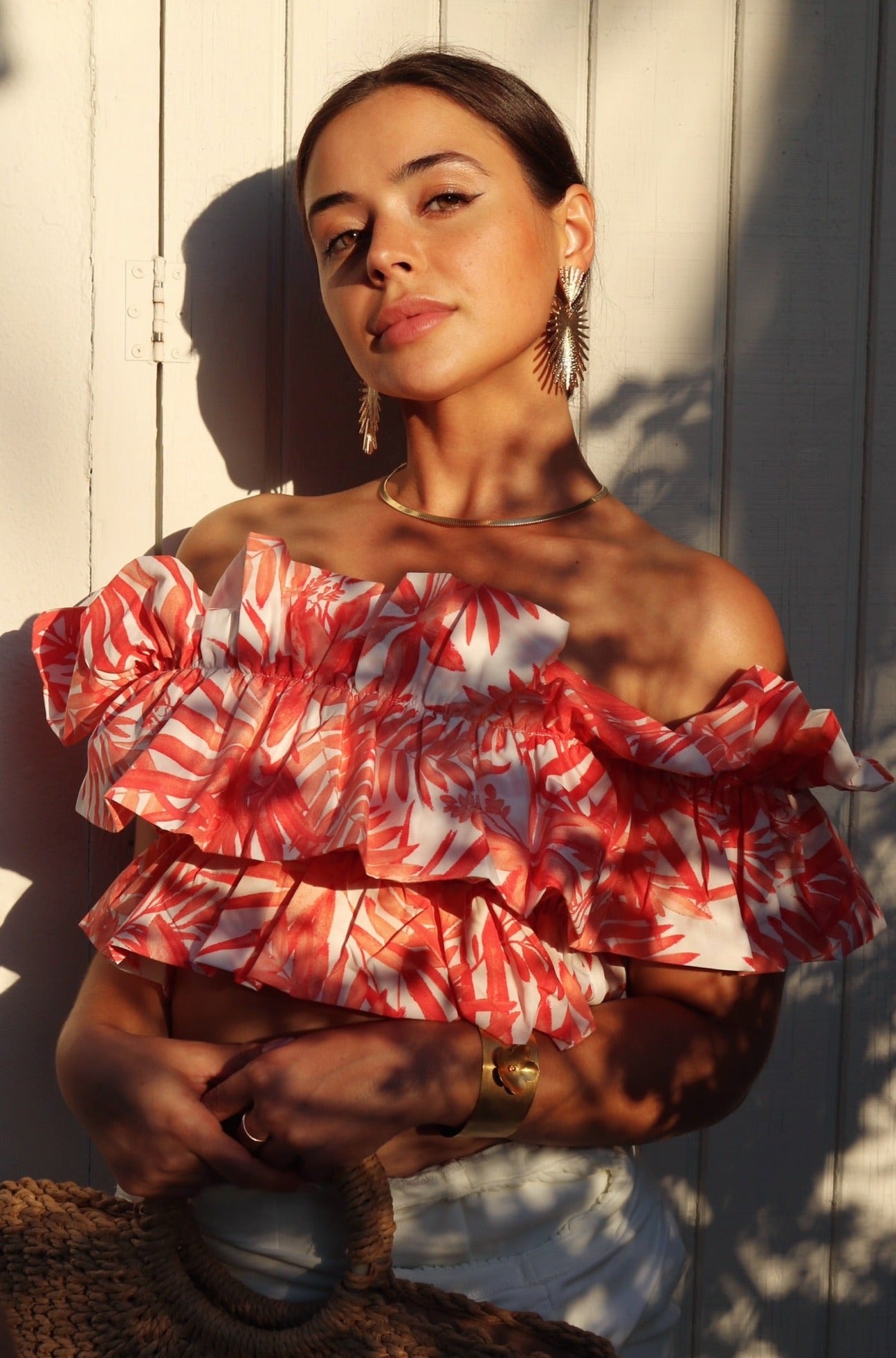 'Ixora' Ruffled Off The Shoulder Vacation Blouse in Coral Print. Scarlette The Label, an online fashion boutique for women.
