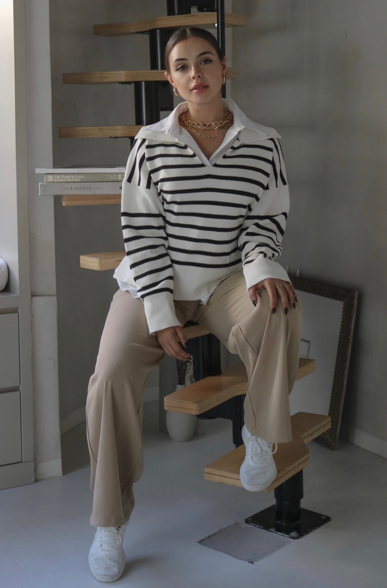 Classic Striped LS Sweater in Black and Ivory. Scarlette The Label, an online fashion boutique for women.