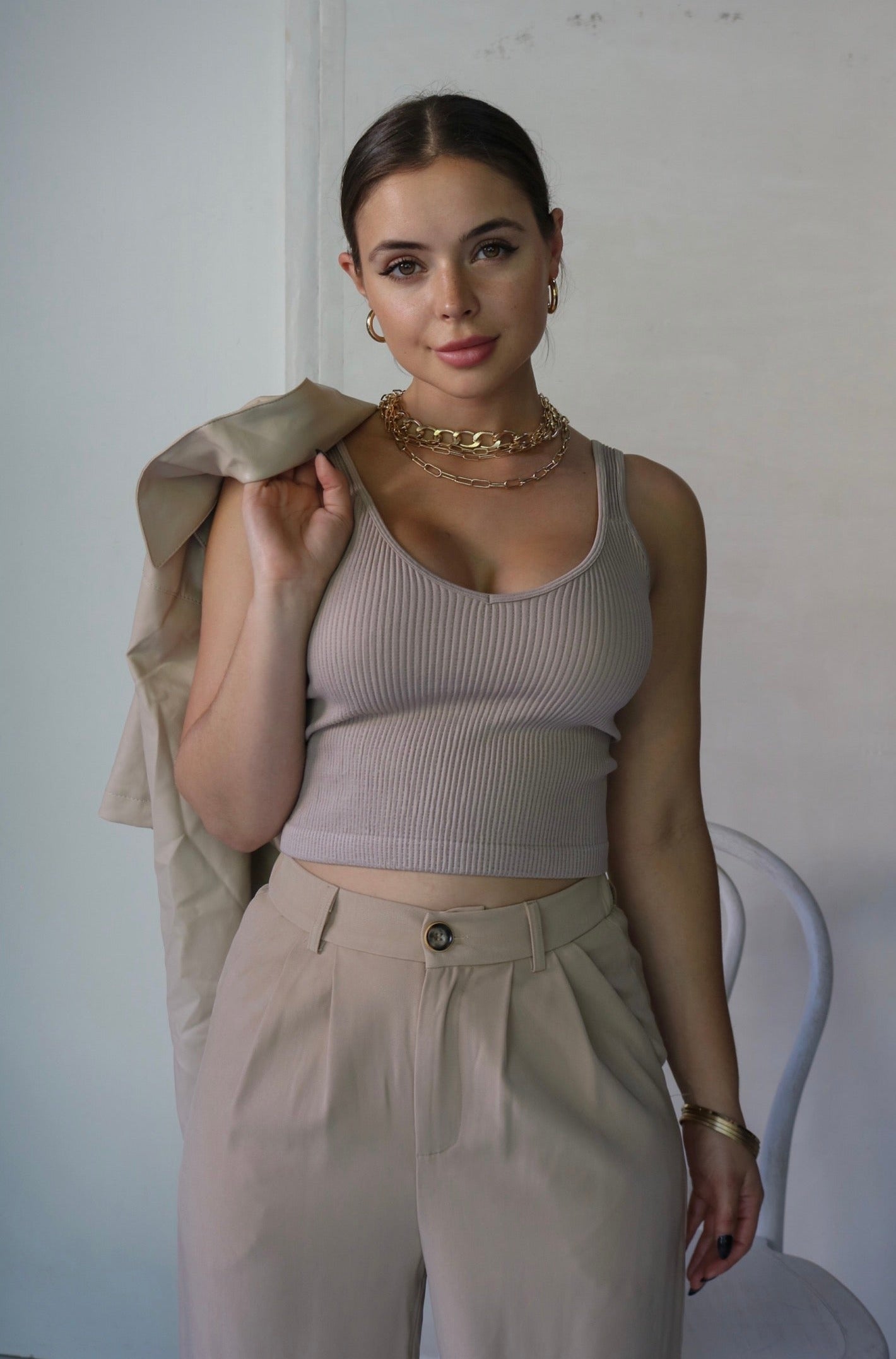 V Neck Ribbed Tank Top in Nude. Scarlette The Label, an online fashion boutique for women.