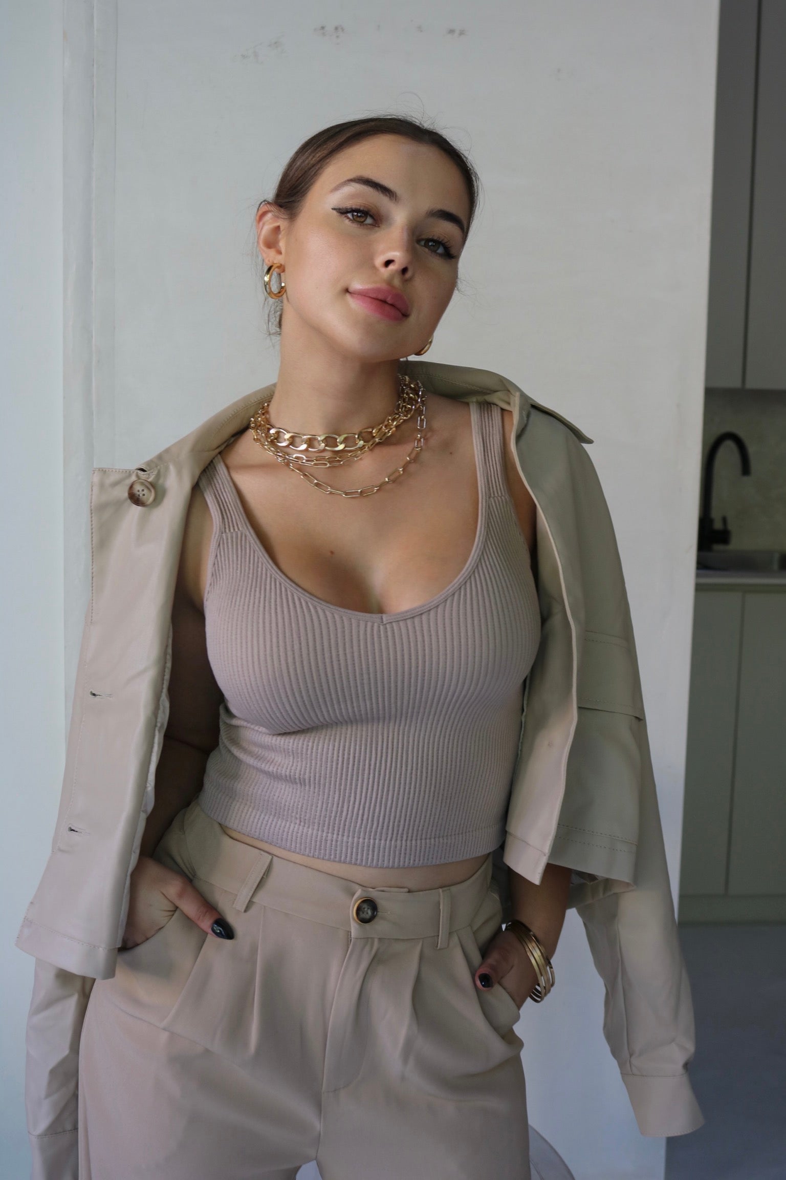 V Neck Ribbed Tank Top in Nude. Scarlette The Label, an online fashion boutique for women.
