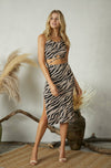 Cut Out Slitted Midi Dress in Gray Zebra Print. Scarlette The Label, an online fashion boutique for women.