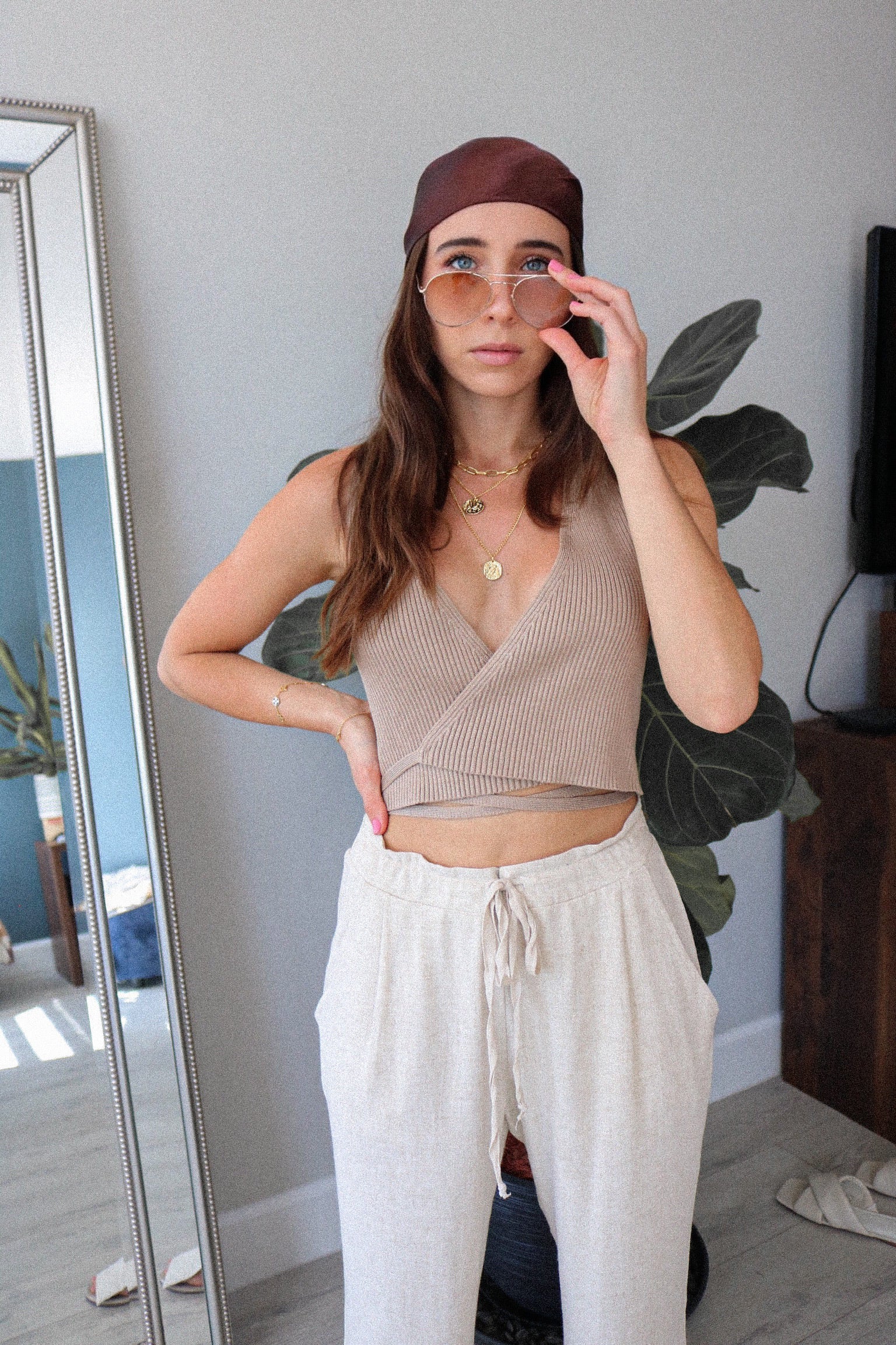 The Jolie Knitted Wrap Top in Taupe from Scarlette The Label, an online fashion boutique for women. Resort Wear SS 2021