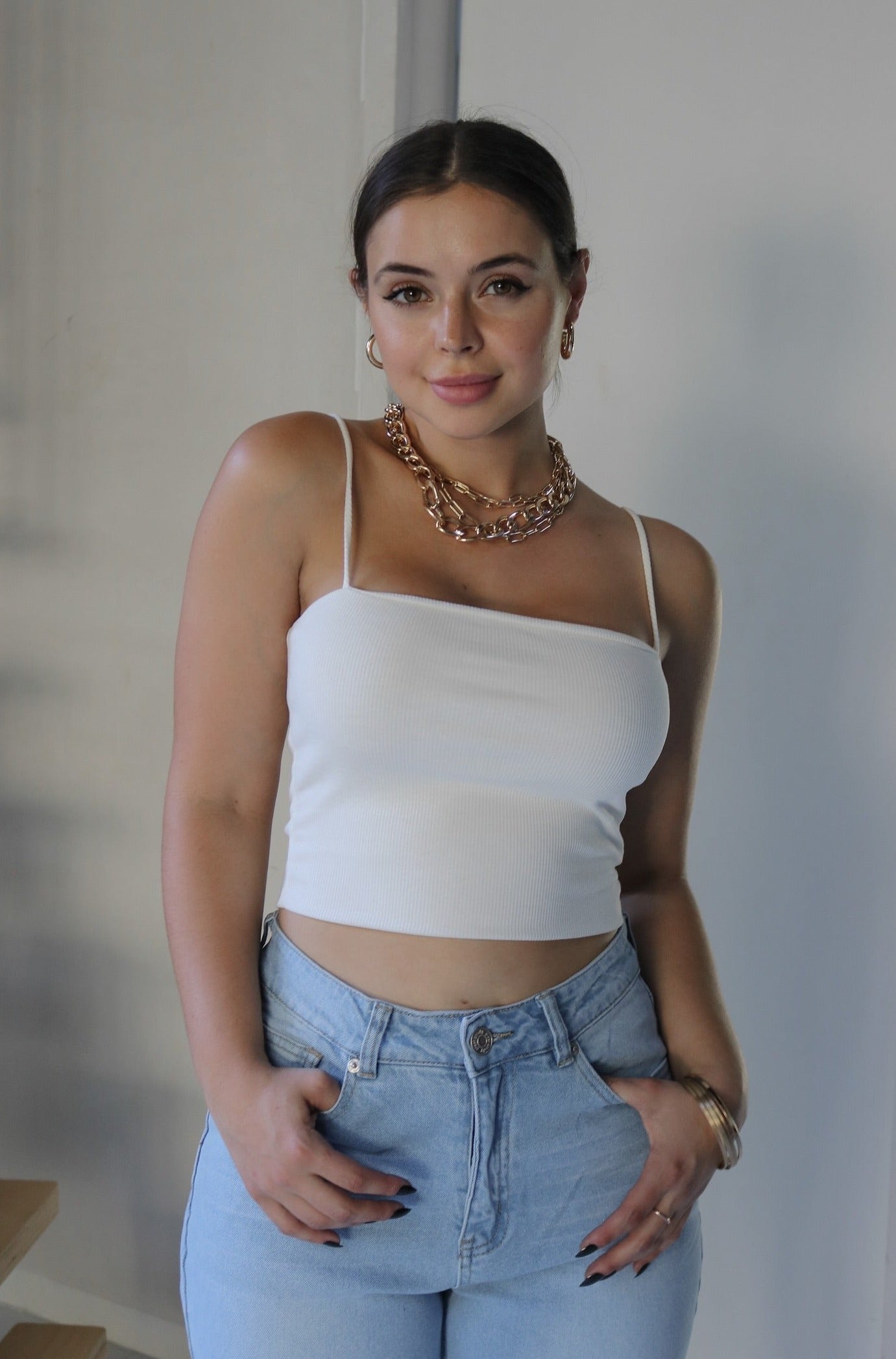 Spaghetti Tank Top in White. Scarlette The Label, an online fashion boutique for women.