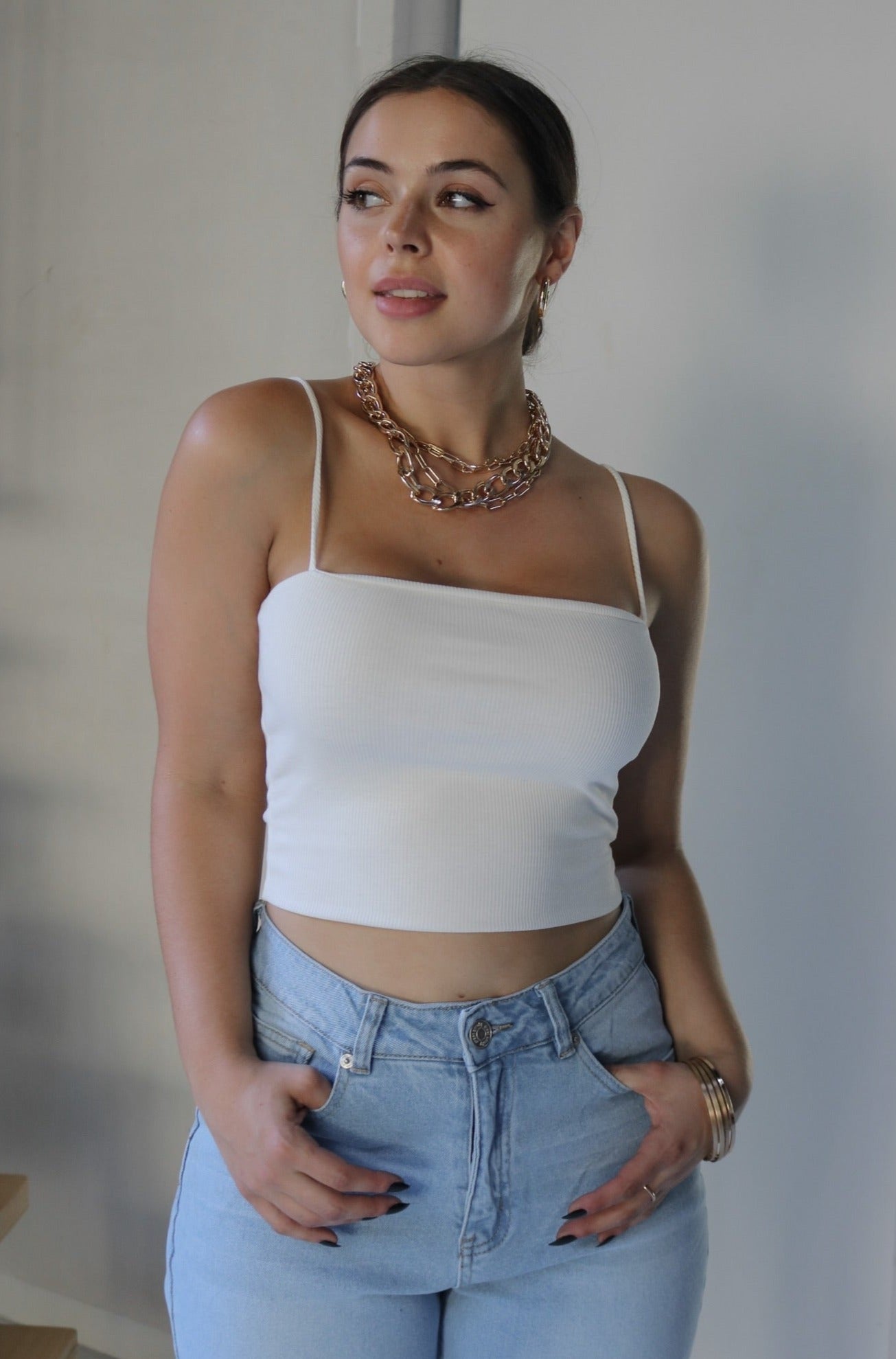 Spaghetti Tank Top in White. Scarlette The Label, an online fashion boutique for women.